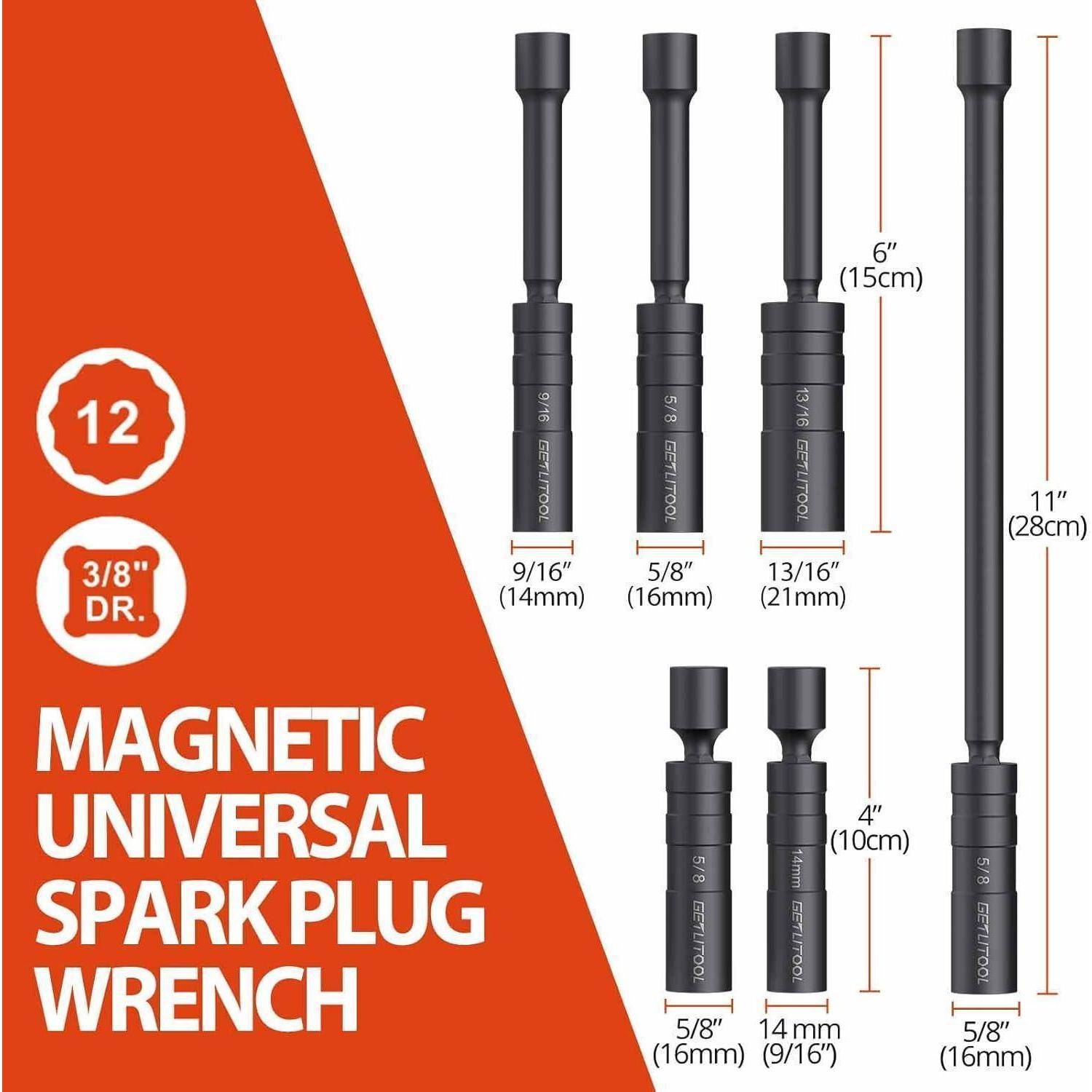 Diagramm von 12 magnetischen universellen Zündkerzen-Schlüsseln mit 3/8-Zoll-Antrieb und Steckschlüssel-Größen 9/16, 5/8, 13/16, 5/8 und 14 mm, mit Längen von 4, 6 und 11 Zoll.