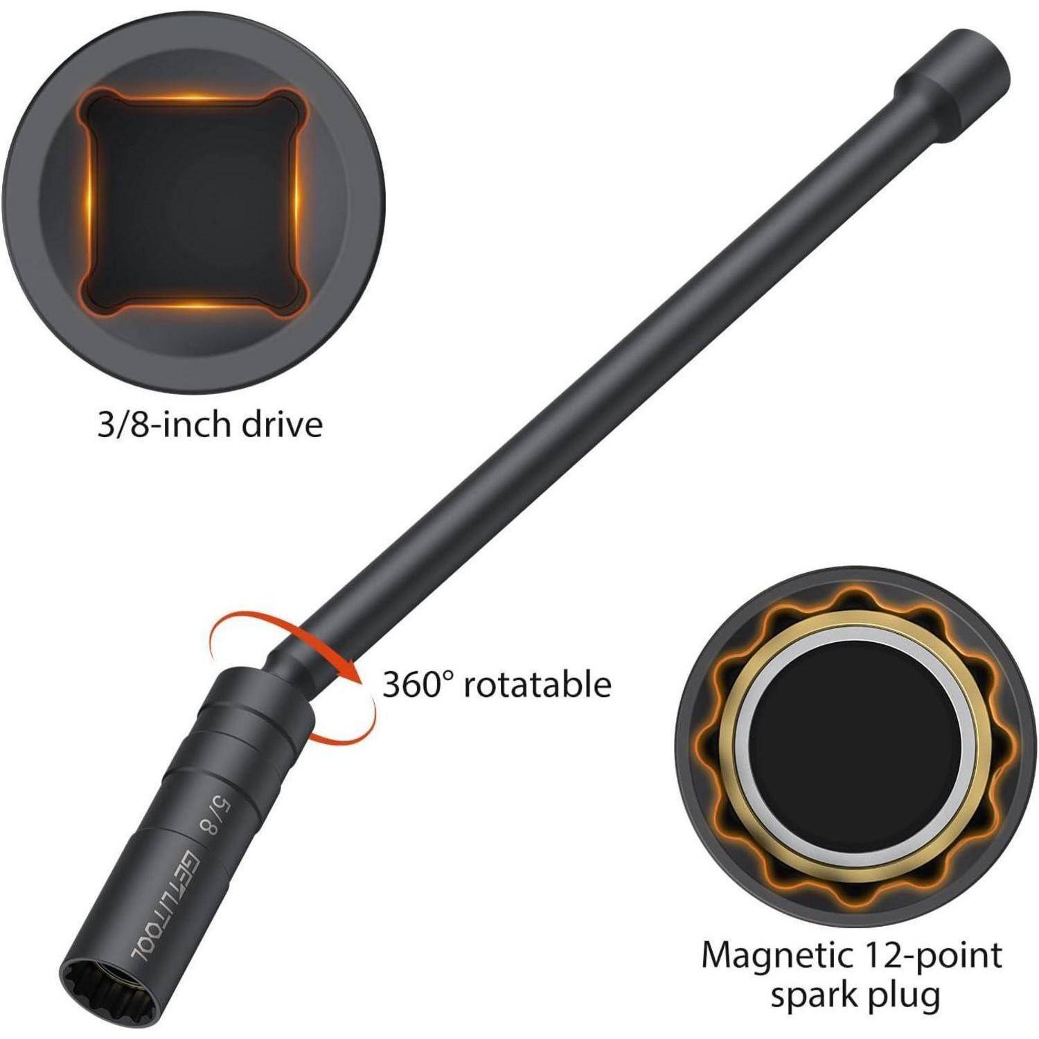 Schwarze Zündkerzensteckernuss mit 3/8-Zoll-Antrieb, 360-Grad-Drehgelenk und magnetischer 12-Kant-Zündkerzenendfläche.