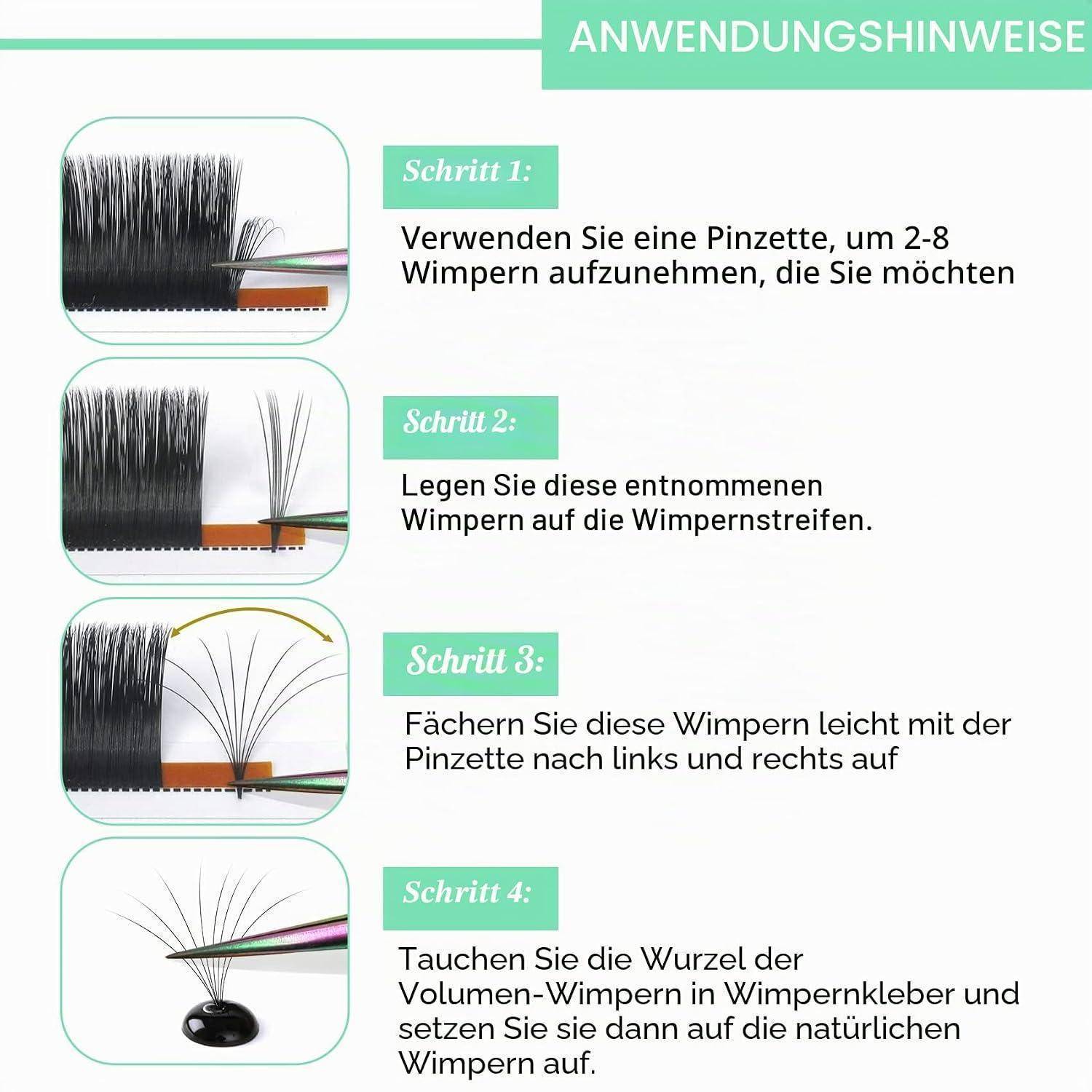 Anleitung auf Deutsch für das Anbringen von Volume-Wimpern: 2-8 Wimpern mit einer Pinzette auswählen, auf dem Wimpernstreifen platzieren, fächerförmig ausbreiten, die Basis in Klebstoff tauchen und auf die natürlichen Wimpern auftragen.