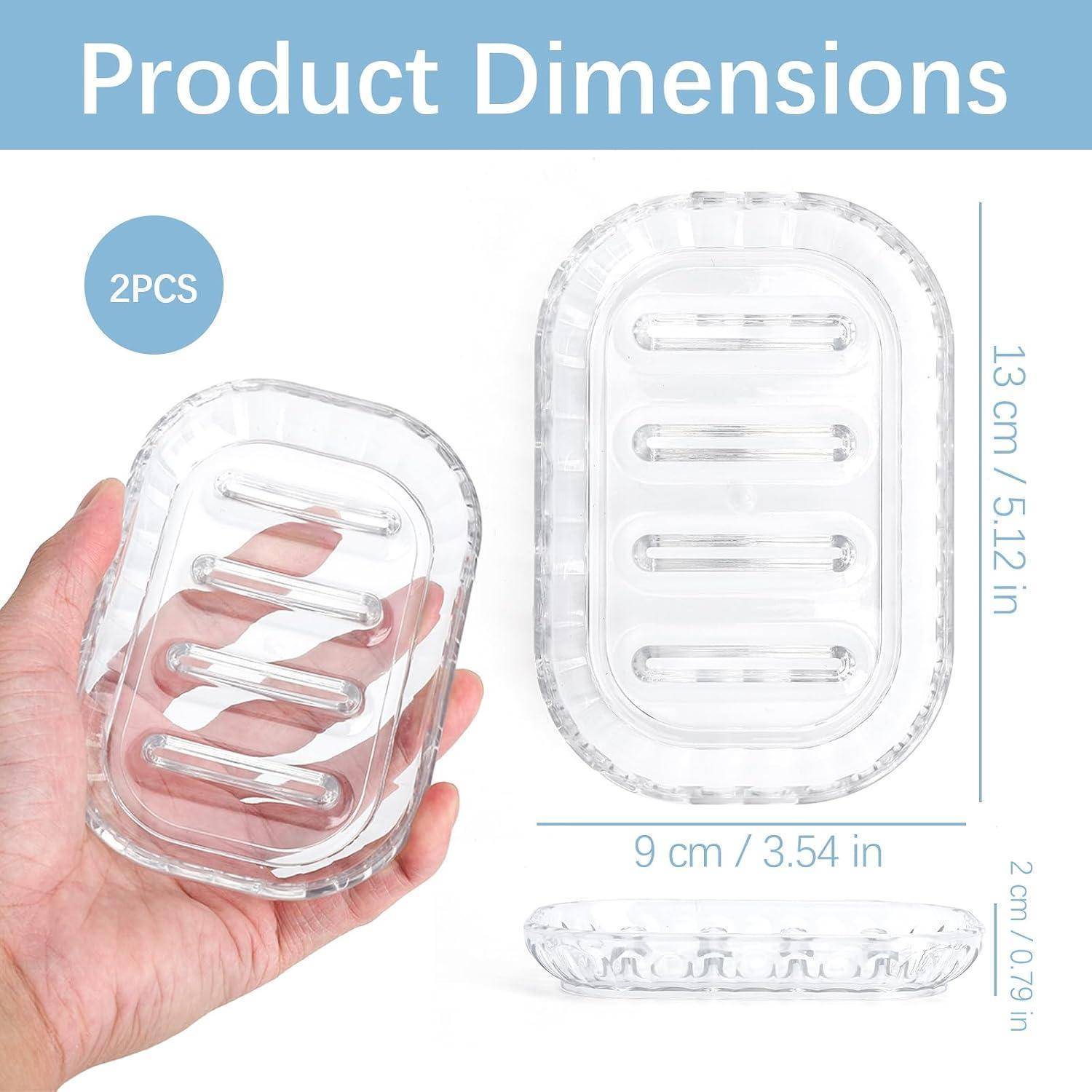Produktabmessungen für zwei durchsichtige Seifenschalen: 13 cm x 9 cm x 2 cm, gezeigt in Vorder-, Draufsicht und Seitenansicht.