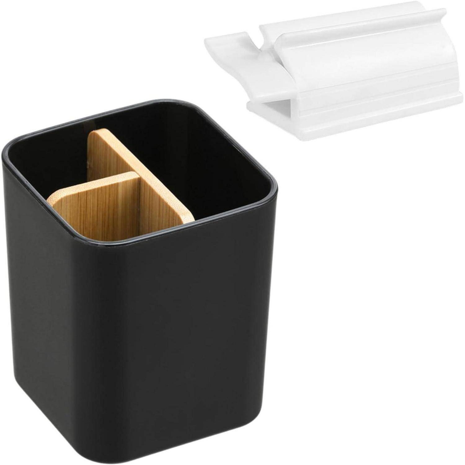 Schwarzer Badezimmertumbler mit Bamboo-Trennstab-Einsatz, gezeigt mit transparentem abnehmbarem Kunststoffeinsatz oben.