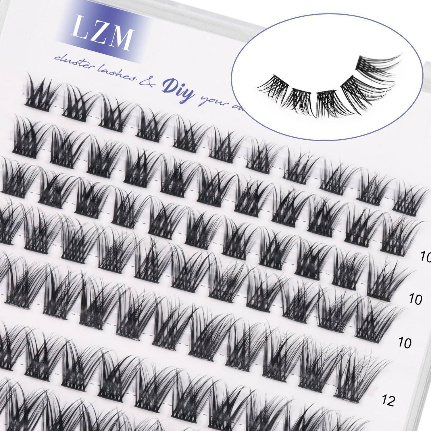 Paket mit falschen Wimpernbüscheln mit der Bezeichnung 'LZM', das Reihen von wiederverwendbaren DIY-Wimpernfächern und einen kleinen Ausschnitt eines gebogenen Wimpernstils zeigt.