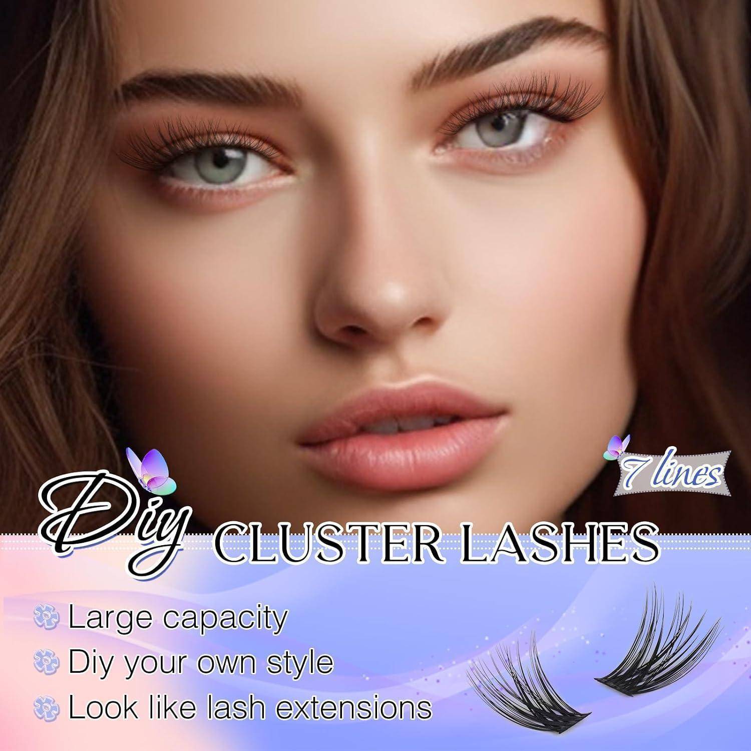 Nahaufnahme eines Frauengesichts mit Werbung für „DIY CLUSTER LASHES