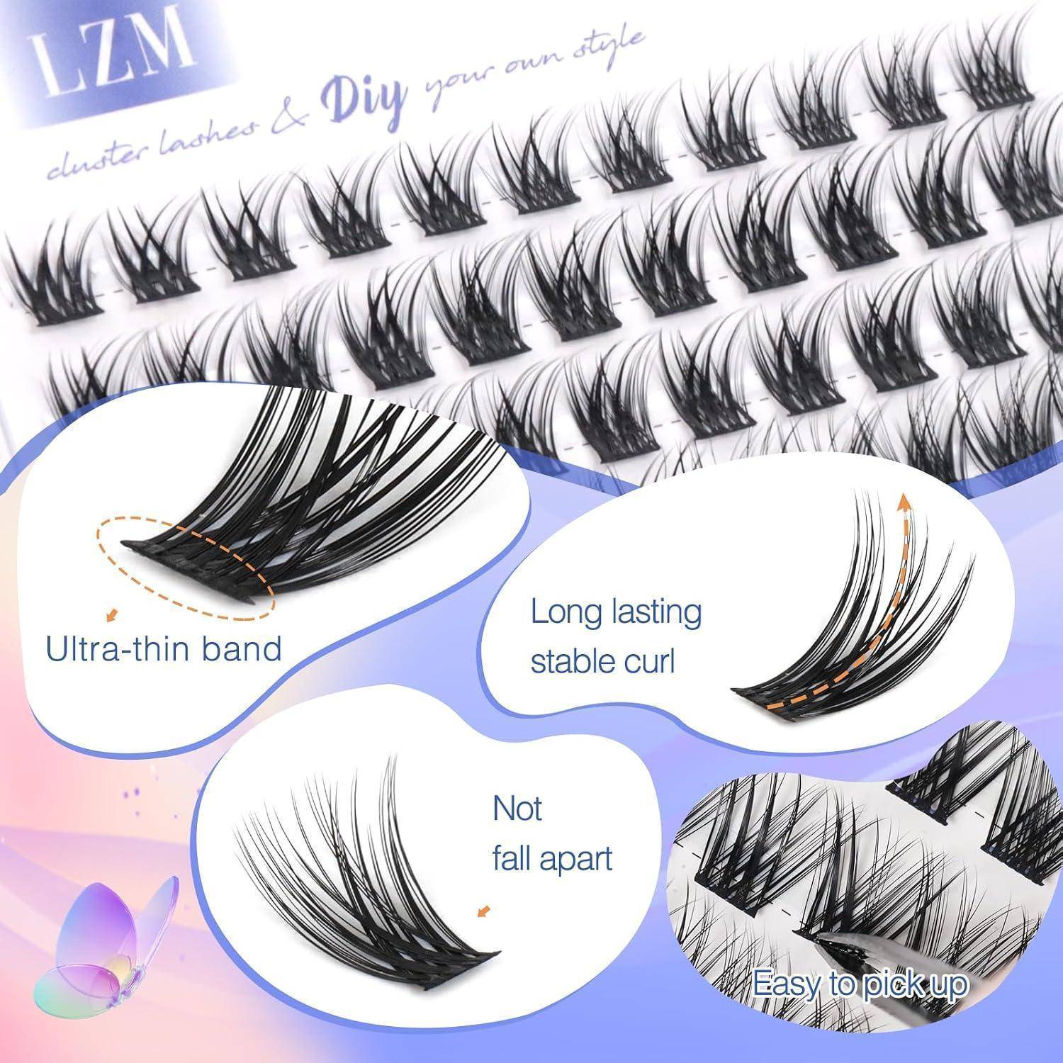 Werbebild von LZM-Cluster-Wimpernverlängerungen, das Reihen von feinen schwarzen künstlichen Wimpern zeigt und Callouts für ultrafeines Band, lang anhaltender stabiler Schwung, zerfällt nicht und einfach zum Aufgreifen aufweist.