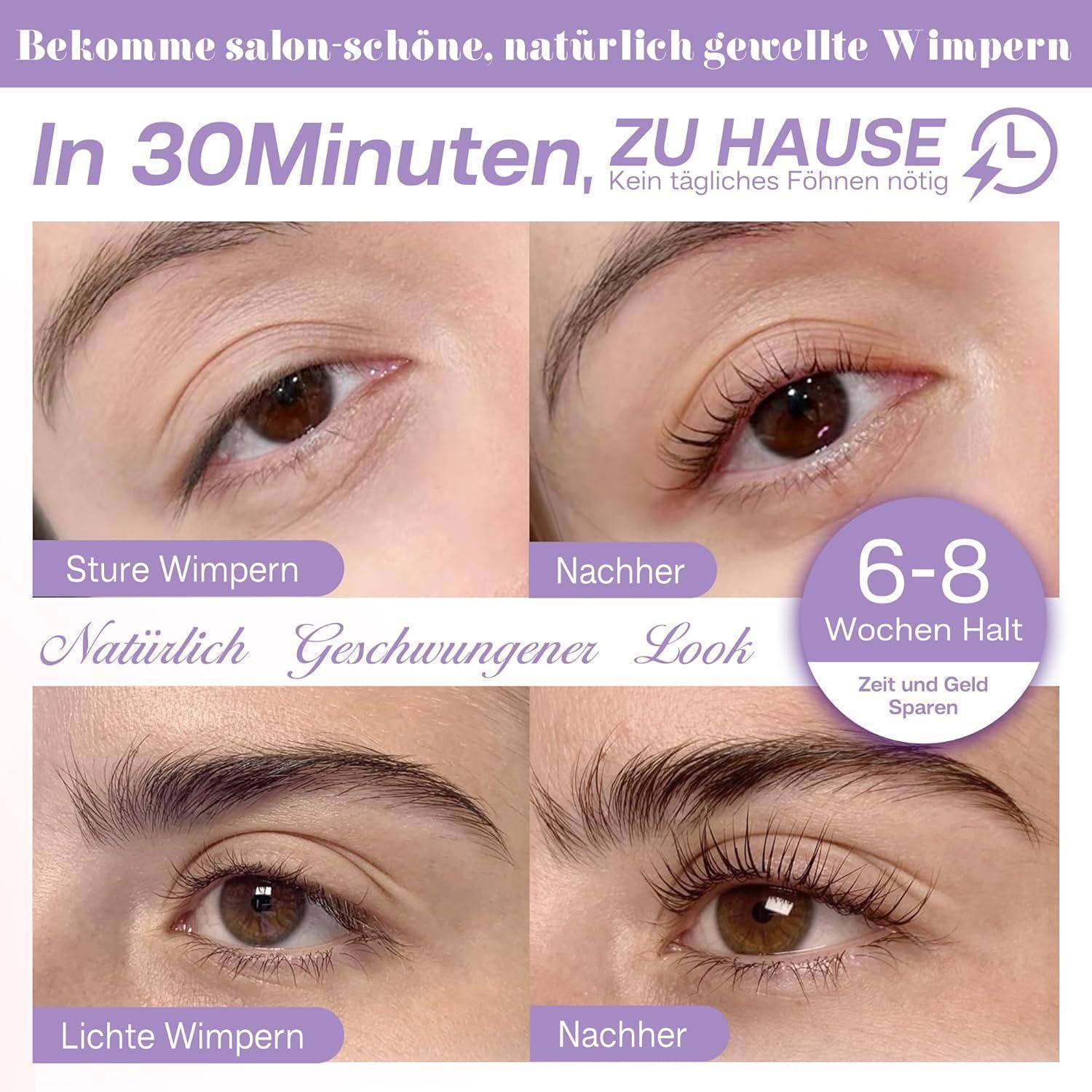Werbung für Wimpernkräuselung zu Hause: Vorher-Nachher-Nahaufnahmen zeigen natürliche Wimpern, die sich in 30 Minuten kräuseln und voller werden und 6-8 Wochen halten.