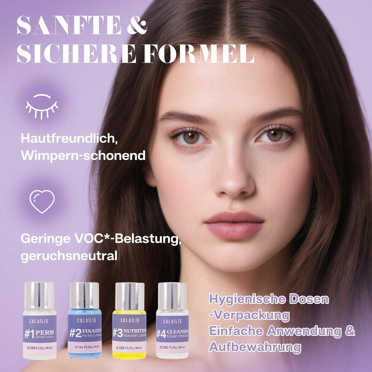 Promotionsbild einer Frau mit Wimperntusche-Flaschen und deutschem Text, das eine sichere Formel hervorhebt, die sanft zu Haut und Wimpern ist, niedriger VOC-Gehalt und hygienische Tube-Verpackung.