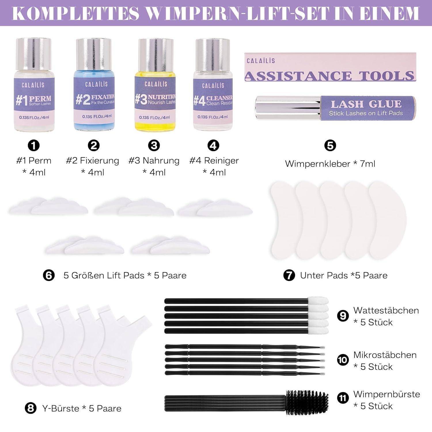 Inhaltsangabe des Wimpernlifting-Sets in Deutsch: vier 4-ml-Lösungen, Wimpernkleber, Lifting-Pads, Unterlagen, Y-Bürsten, Micro-Stäbchen, Wattestäbchen und eine Wimpernbürste.