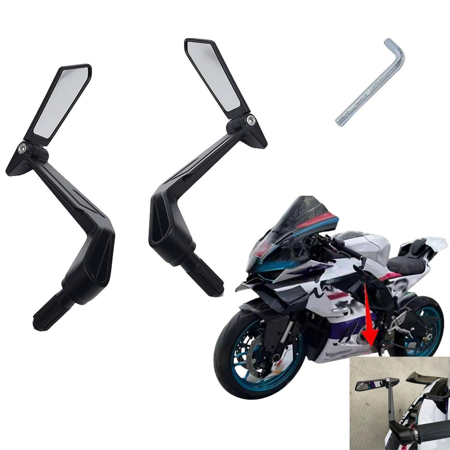 Motorrad-Rückspiegel-Zubehör mit einem Inbusschlüssel, gezeigt aus mehreren Winkeln und montiert an einem Sportmotorrad.