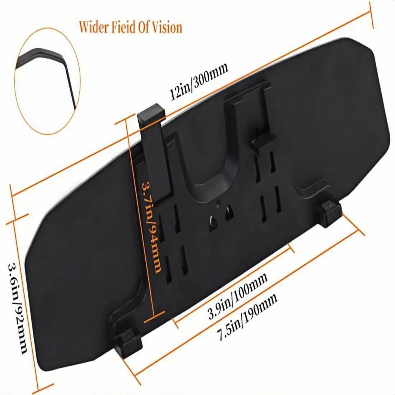 Kommentiertes Produktbild einer schwarzen Rückspiegel-Handyhalterung mit verstellbaren Haltern und beschrifteten Abmessungen: 12 Zoll/300 mm breit, 7,5 Zoll/190 mm hoch.