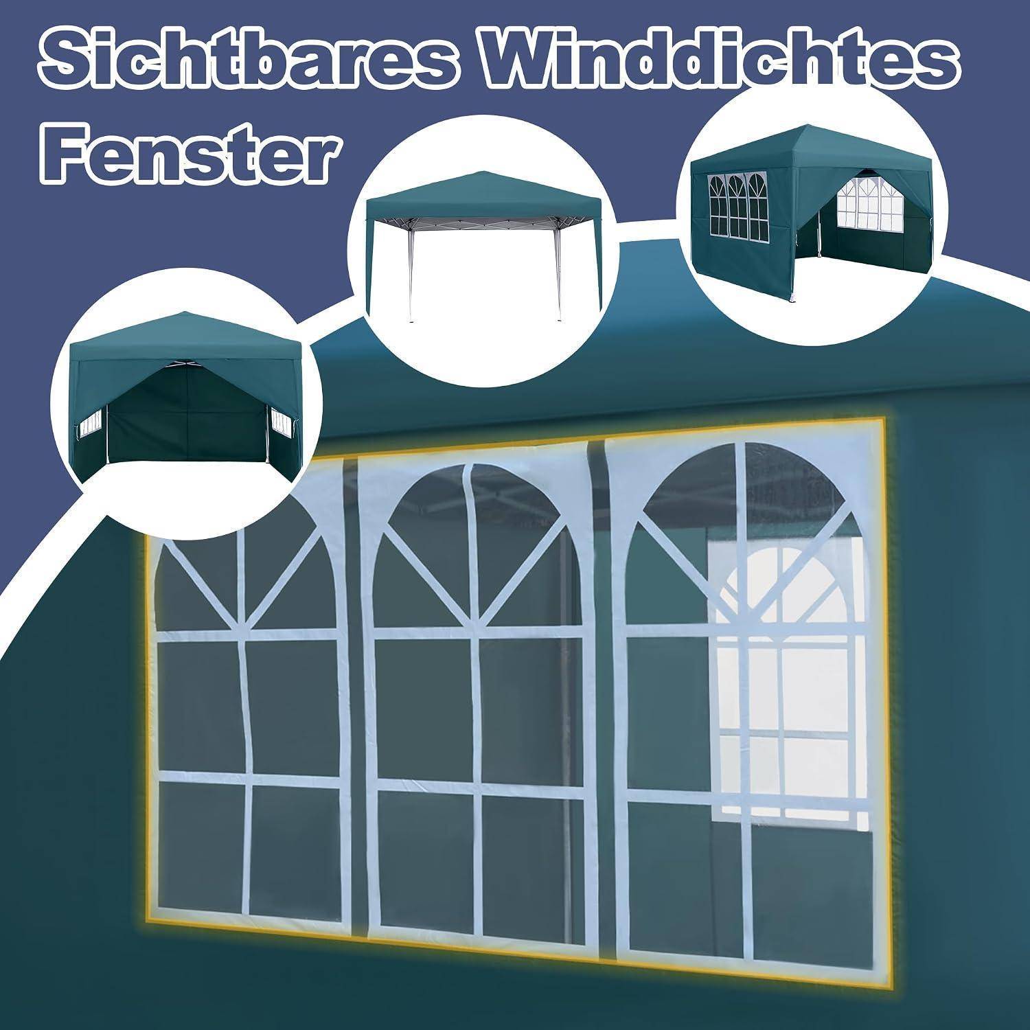 Grafik zeigt ein „Sichtbares winddichtes Fenster" Zeltmarkise mit drei Produktansichten und einem großen transparenten Fensterfeld auf einer Pavillon-Wand.