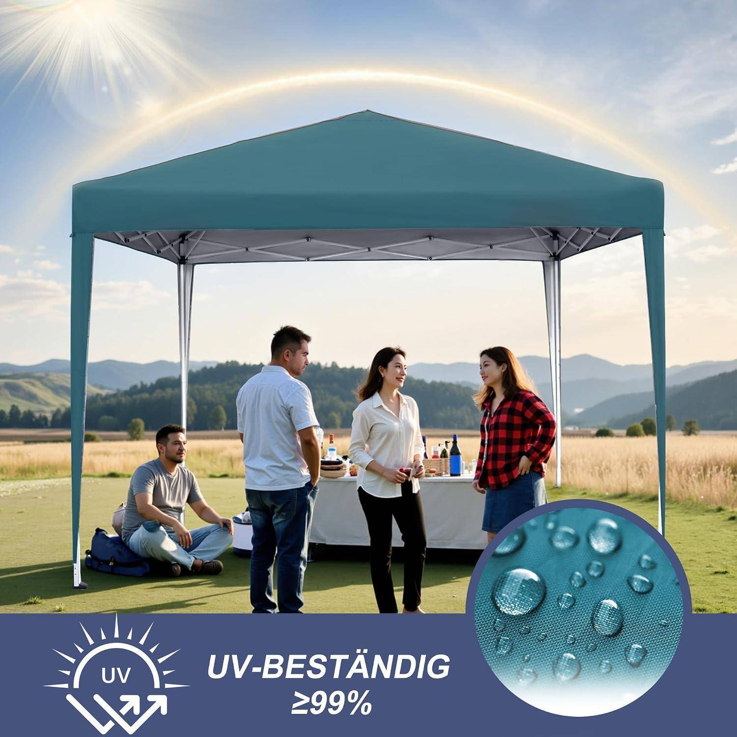 Vier Personen versammeln sich bei Sonnenuntergang unter einem blaugrünen Baldachindach im Freien, mit "UV-BESTÄNDIG ≥99%"" und einem darunter gezeigten UV-Schutz-Symbol.