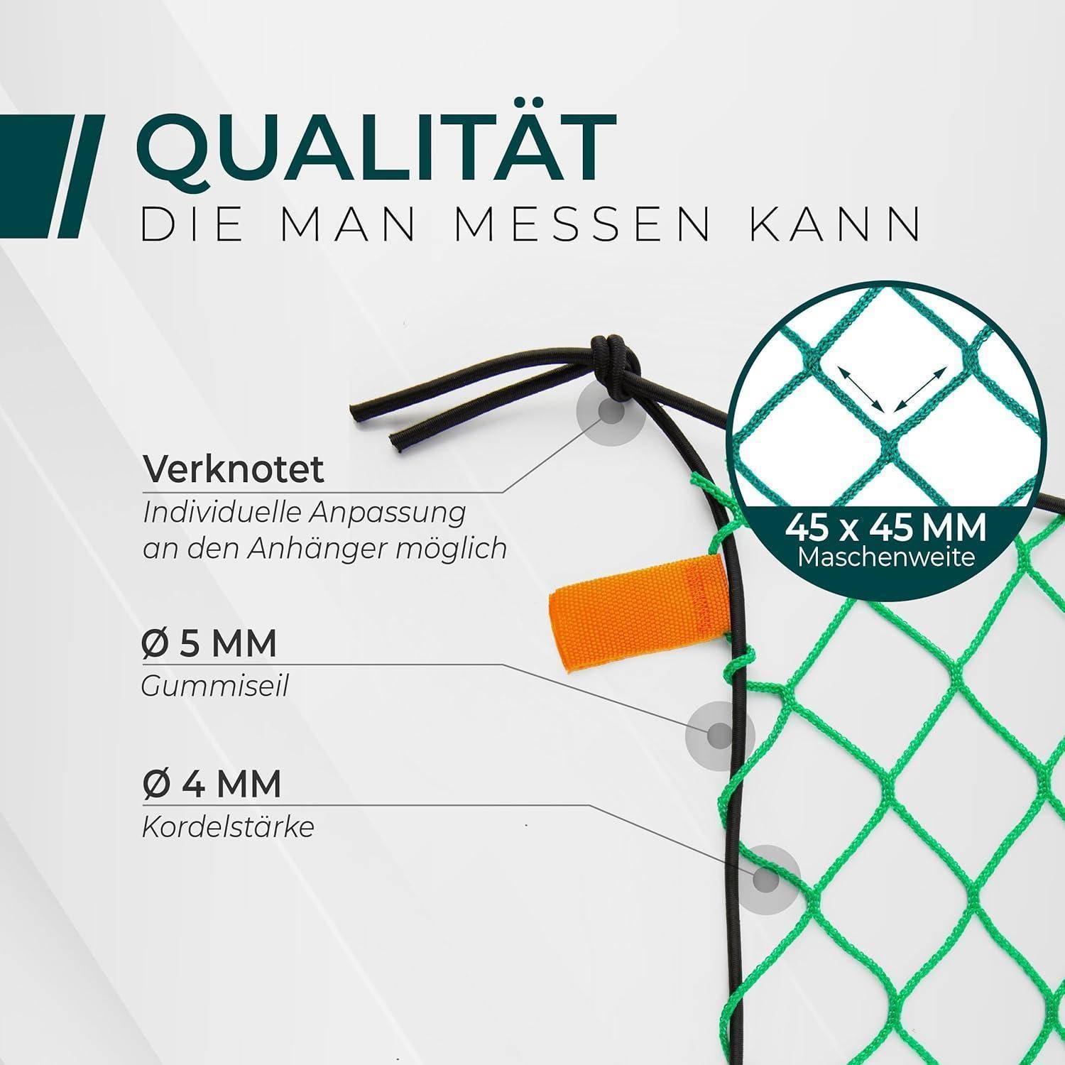# Deutsches Produktgrafik mit geknoteter schwarzer Schnur mit orangenem Ende und grünem Netz, die Qualitätsmerkmale hervorhebt: 5-mm-Gummischnur, 4-mm-Schnurstärke und 45 x 45-mm-Maschenweite.
