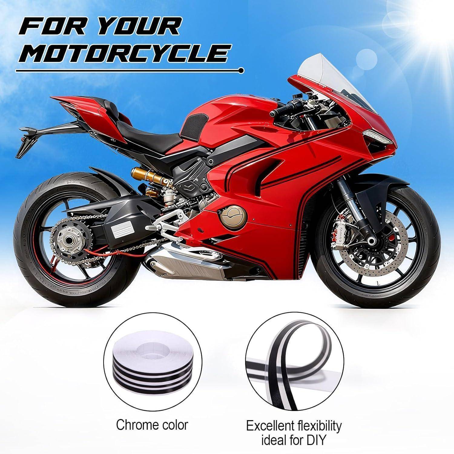 Rotes Sportmotorrad auf weißem Hintergrund mit Text "FÜR IHR MOTORRAD""; eingefügte Kreise heben die Chromfarbe und die hervorragende Riemenflexibilität hervor.