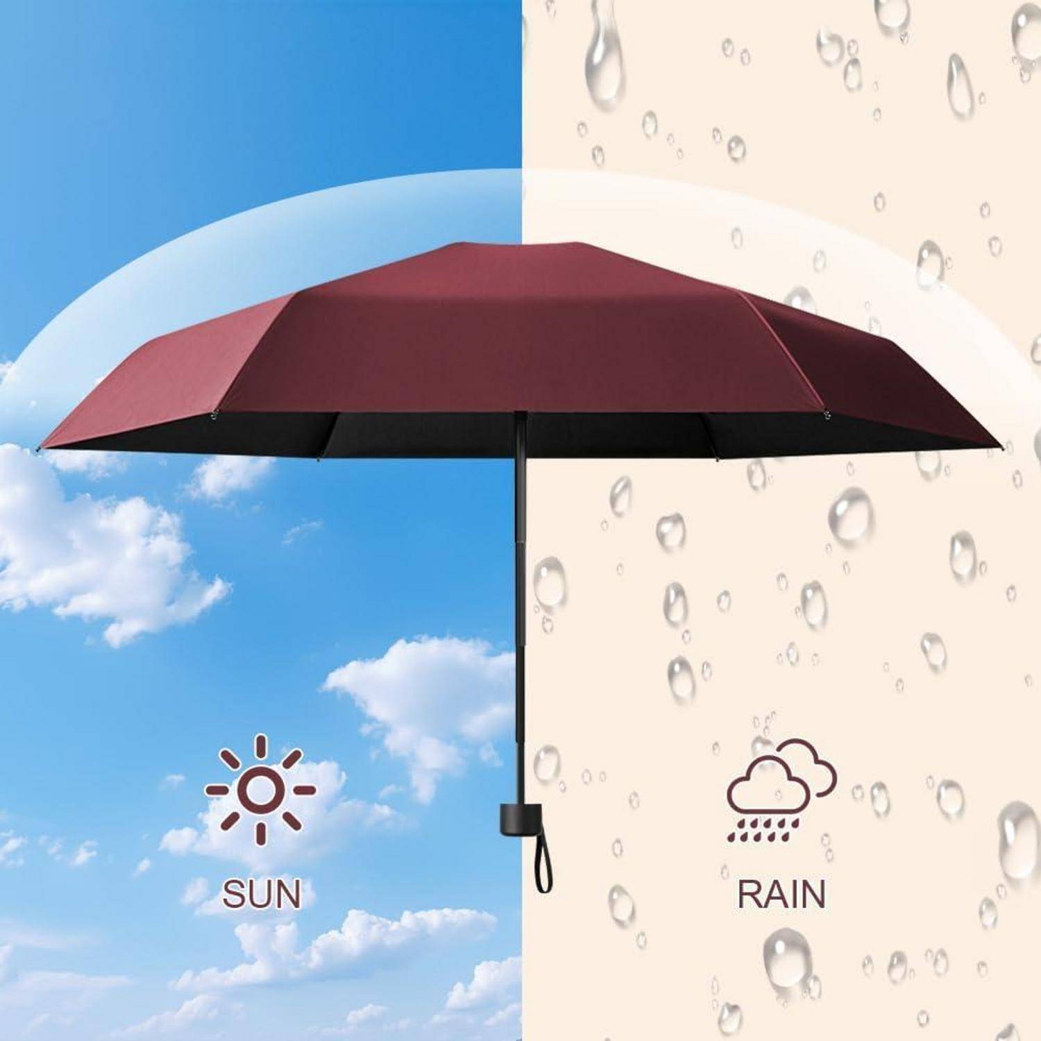 Regenschirm aufgeteilt zwischen sonnigem blauem Himmel und regnerischem Hintergrund, das zeigt Schutz vor Sonne und Regen.