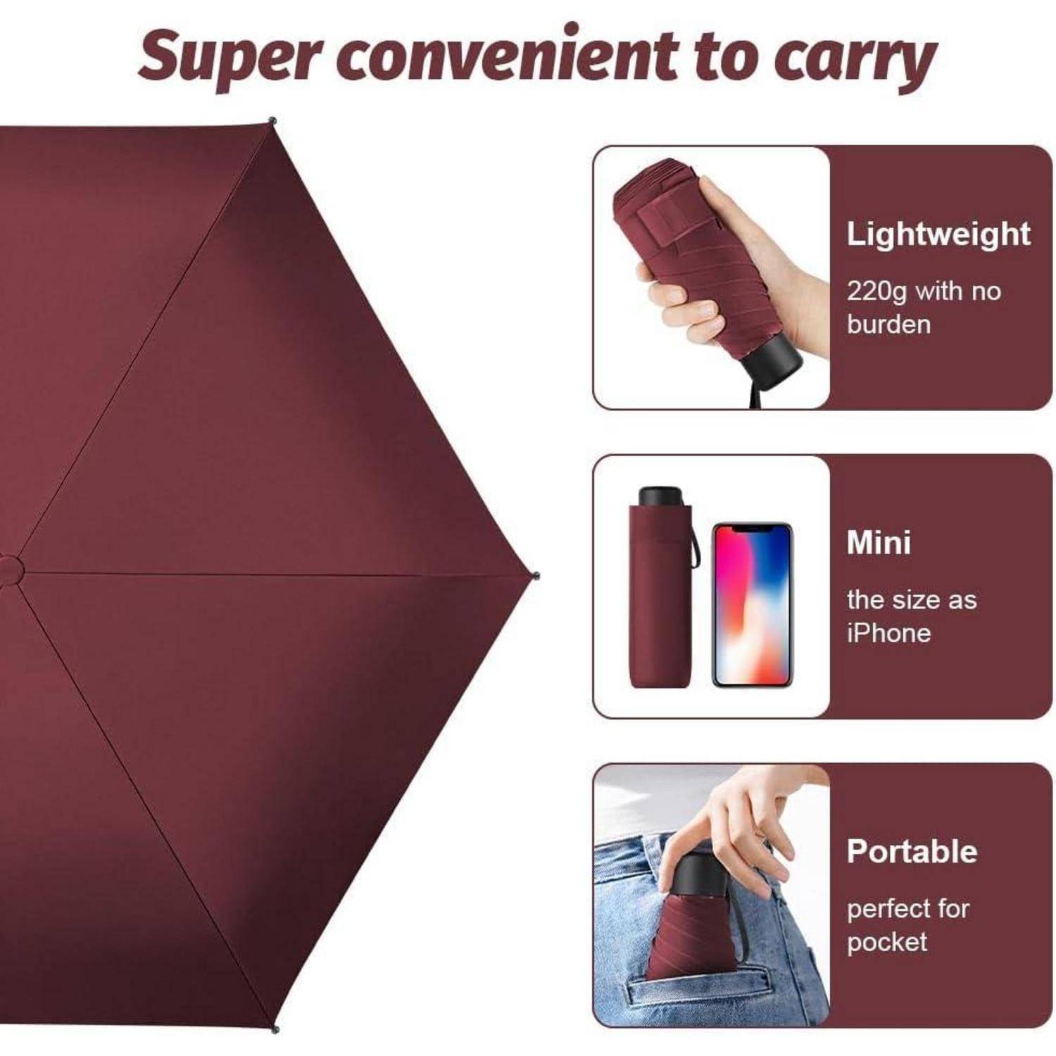 Werbegrafik mit einem kompakten weinroten Regenschirm und dem Text „Super praktisch zum Mitnehmen