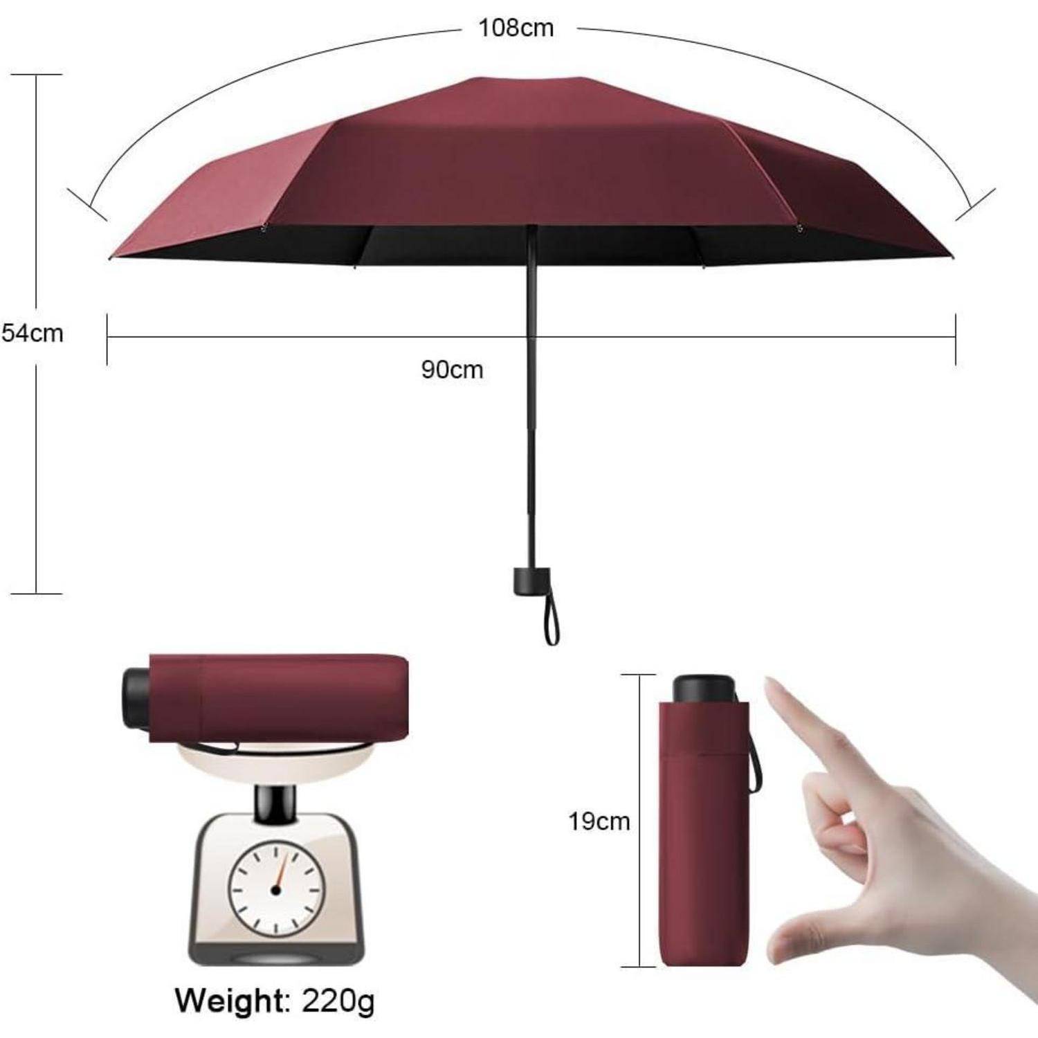 Kompakter burgunderroter Regenschirm mit schwarzem Schaft, geöffnet und geschlossen dargestellt; Abmessungen 108 cm Breite und 54 cm Höhe, Länge zusammengeklappt 19 cm, Gewicht 220 g.