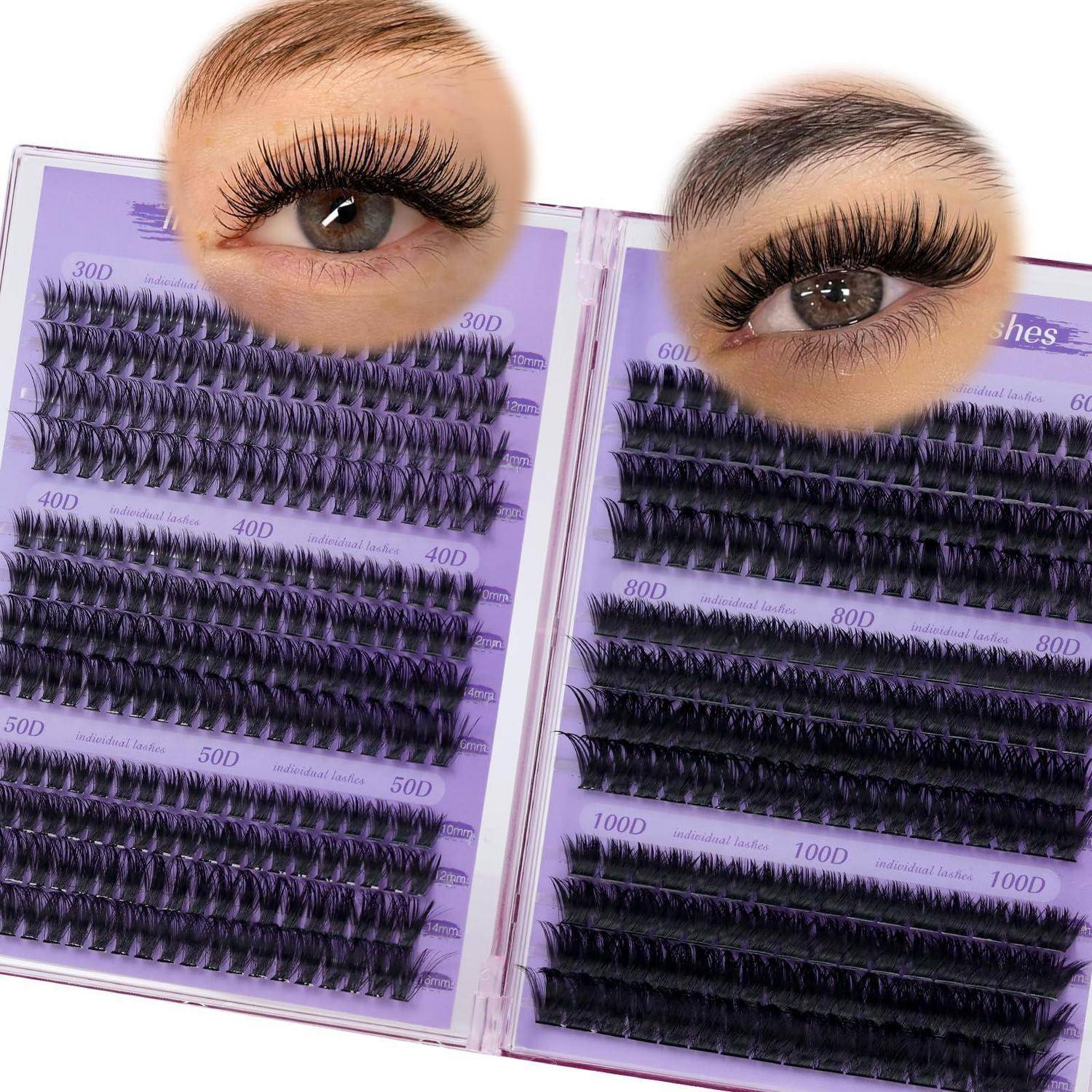 Offene Wimpernverlängerungstabletts in verschiedenen Stärken, mit Nahaufnahmen von Augen, die den dramatischen Wimperneffekt zeigen.