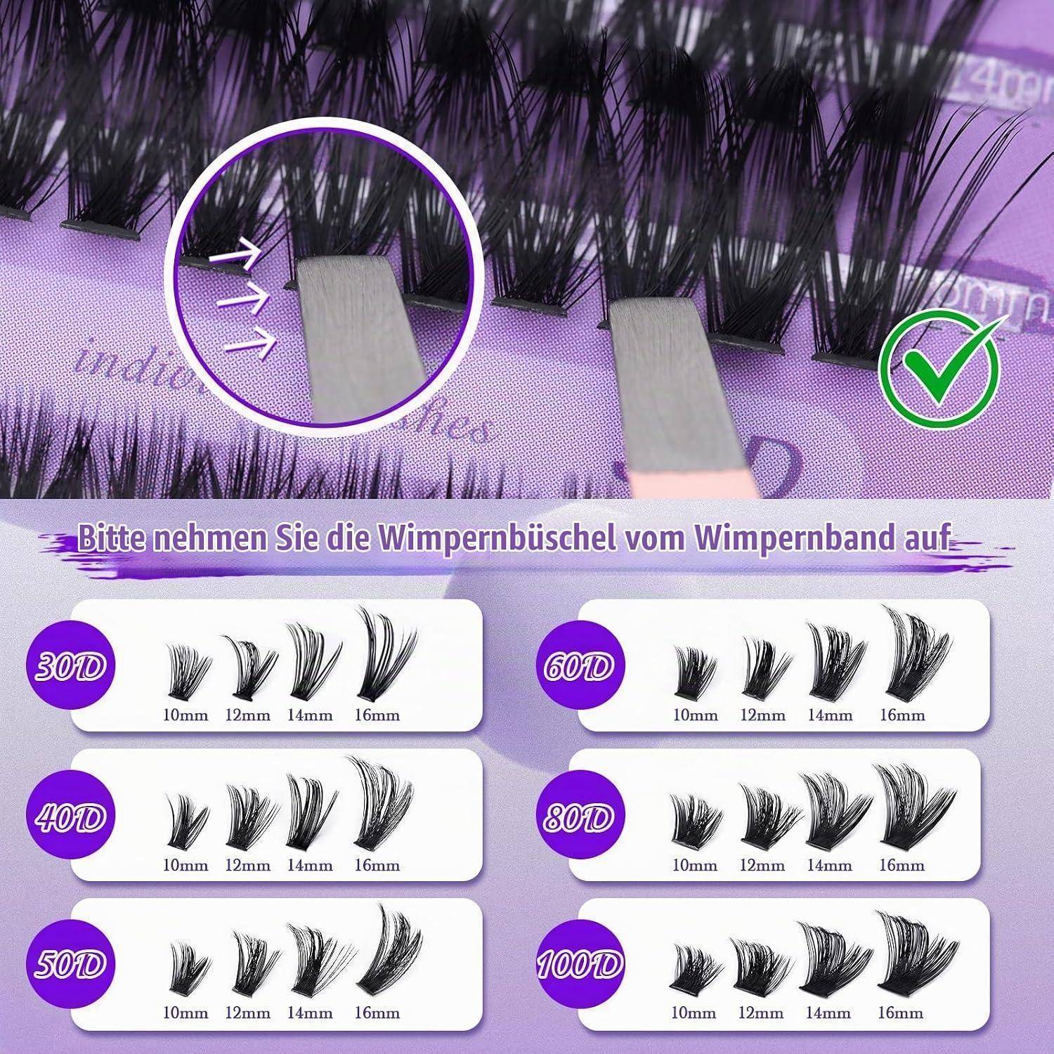 Anleitung zur Wimpernverlängerung, die eine Pinzette zeigt, die Wimpernbüschel von einem Streifen abhebt, mit Längen von 10 mm bis 16 mm und Stiloptionen mit den Bezeichnungen 30D bis 100D.