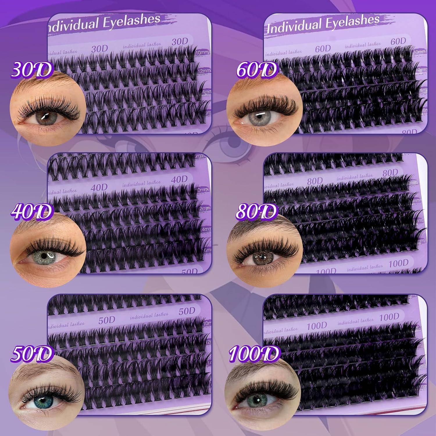 Vergleichstabelle einzelner Wimpernverlängerungen mit den Bezeichnungen 30D, 40D, 50D, 60D, 80D und 100D, die zunehmende Wimpernfülle und -volumen mit Augenbeipielen zeigen.