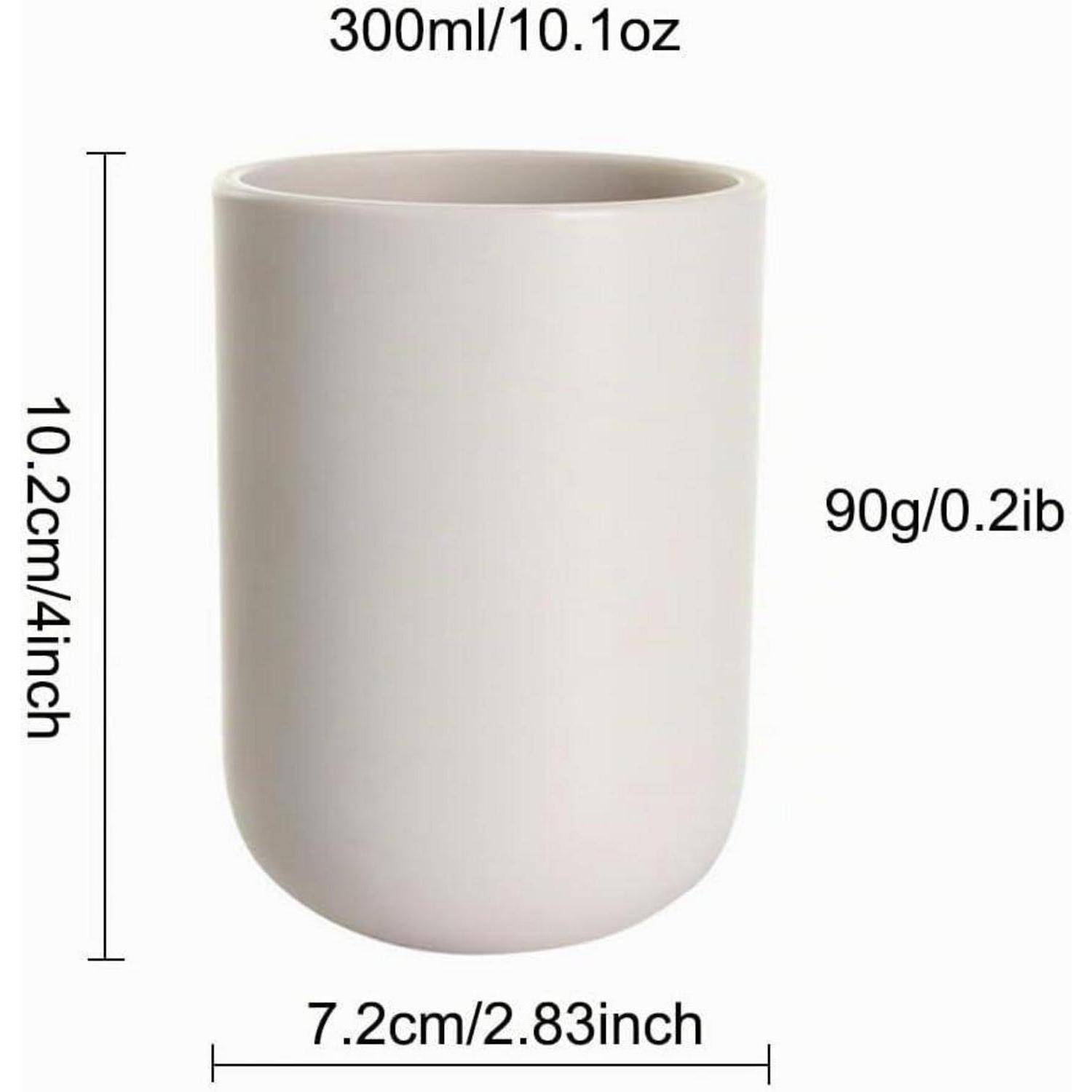 Weißer zylindrischer Becher mit Größenangaben: 300 ml/10,1 oz, 10,2 cm hoch, 7,2 cm breit, 90 g.