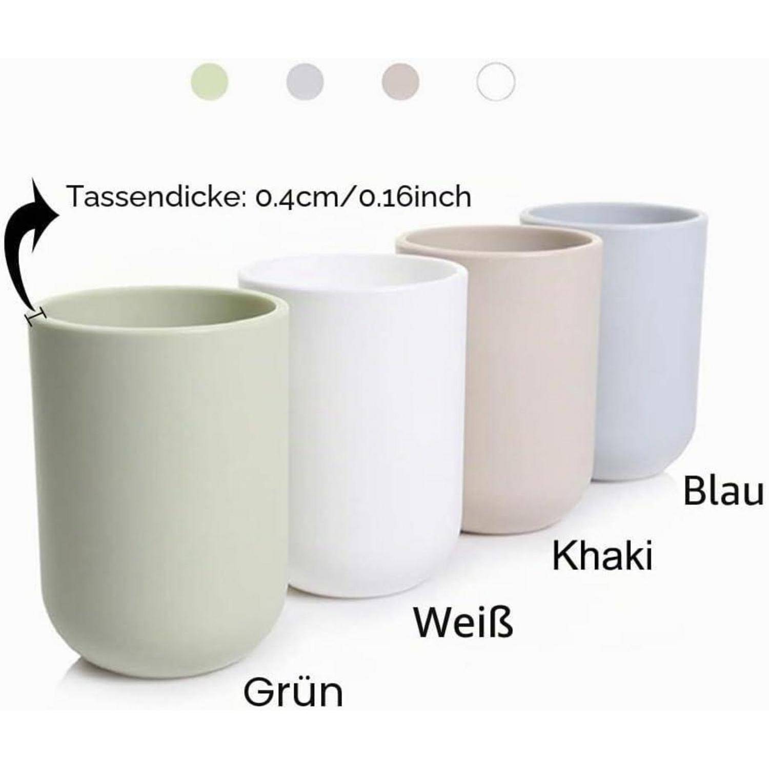 Vier Pastell-Zylindertassen in einer Reihe angeordnet, beschriftet auf Deutsch als Grün, Weiß, Khaki und Blau, mit einem Hinweis, dass die Wandstärke 0,4 cm/0,16 Zoll beträgt.