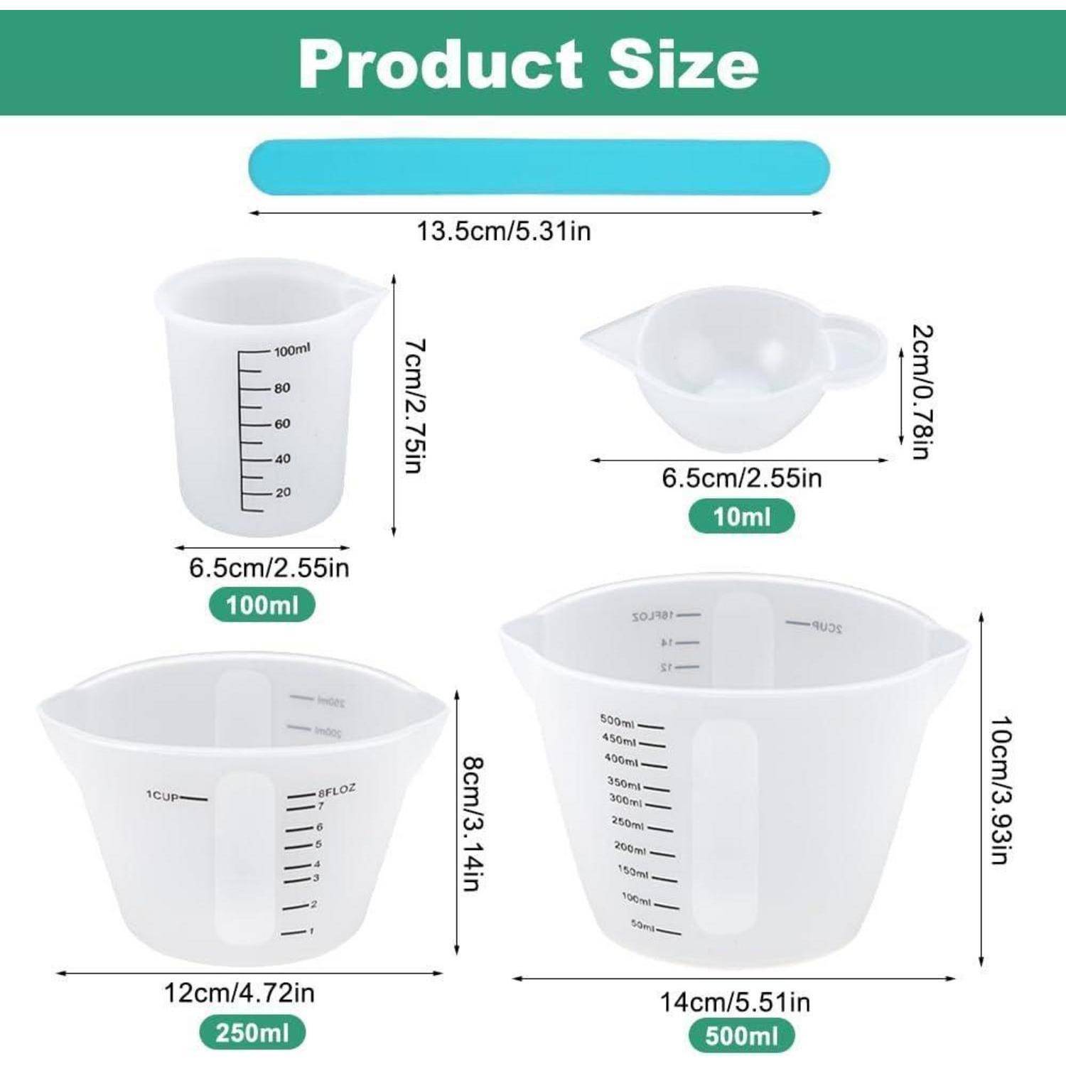 Produktgrößentabelle mit vier durchsichtigen Messbechern: 10 ml, 100 ml, 250 ml und 500 ml, mit Abmessungen in cm und Zoll gekennzeichnet.