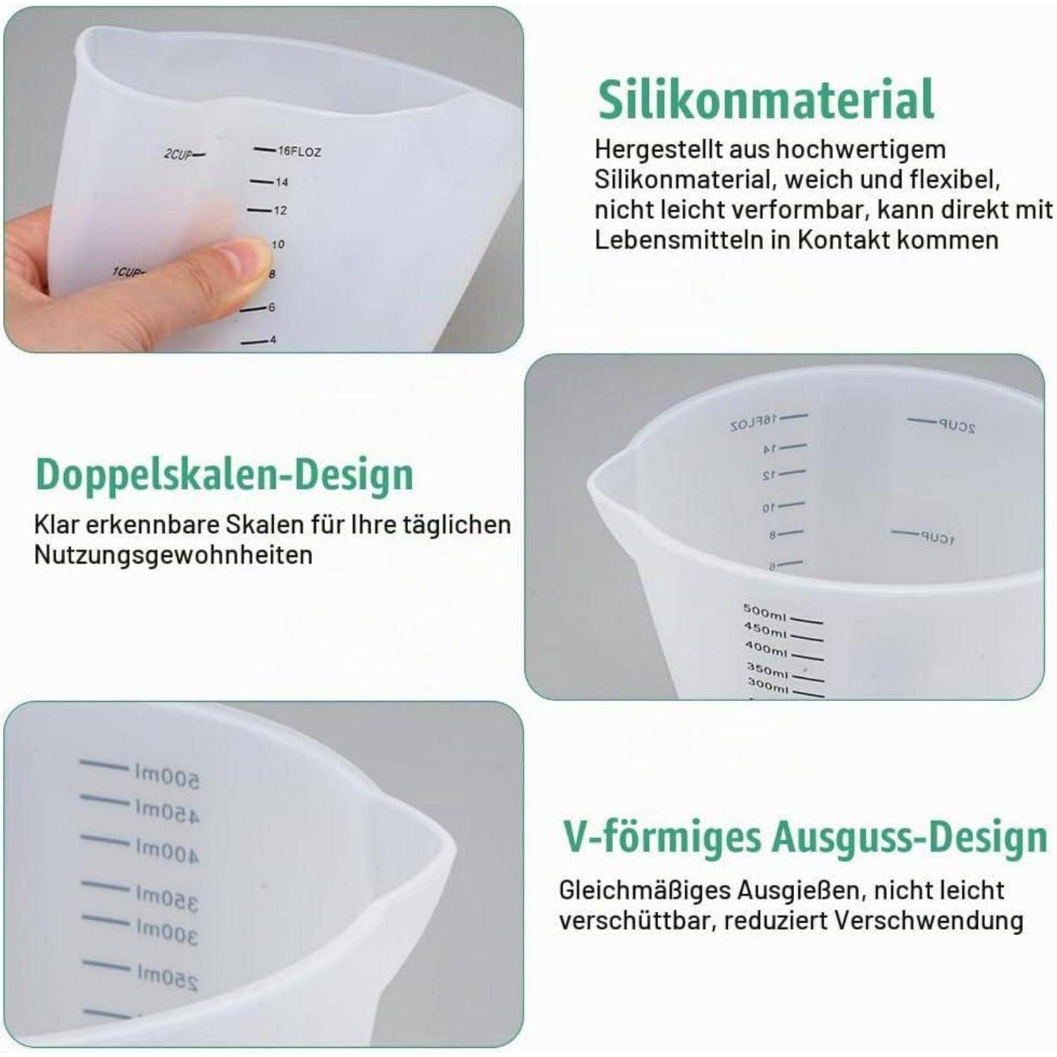 Zusammenklappbarer Silikonmesskauftrag mit Doppelskalen und V-förmigem Ausguss, in Nahaufnahme mit deutschen Funktionsetiketten über flexibles, lebensmittelsicheres Material und einfaches Ausgießen.