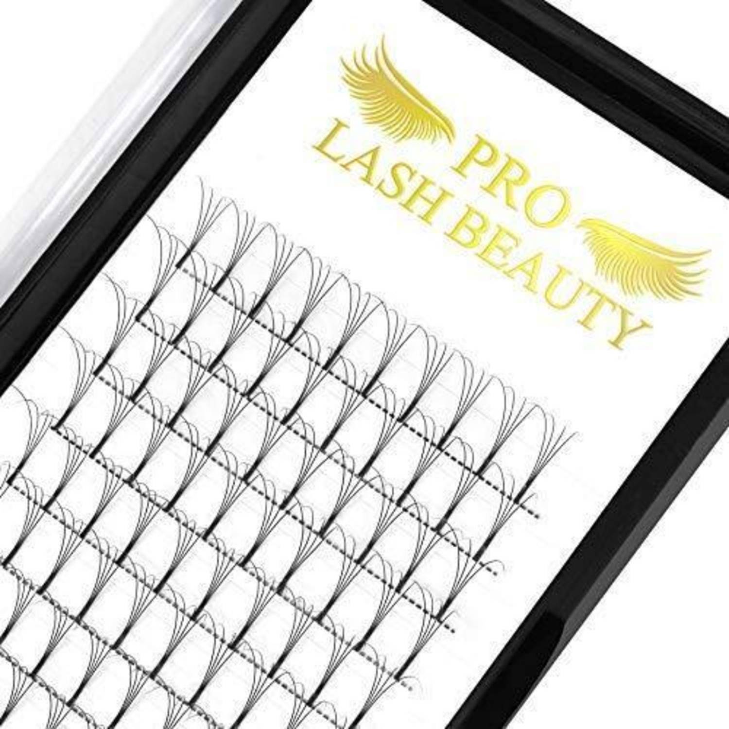 Packung von Pro Lash Beauty künstlichen Wimpernverlängerungen in Reihen auf einem weißen Tablett mit goldenem Logotext angeordnet.