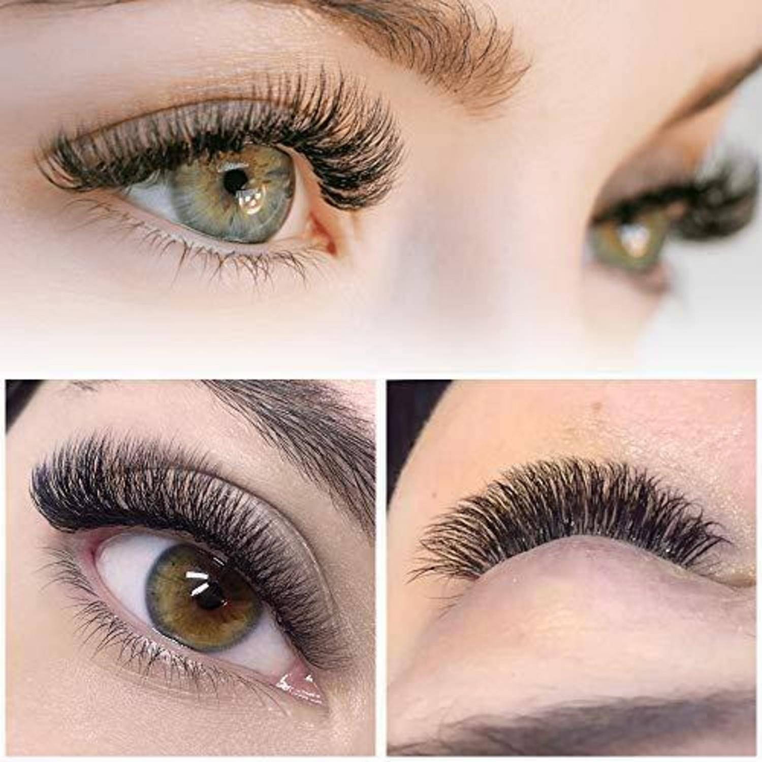 Nahaufnahme-Collage der Augen einer Frau mit langen, dicken Wimpernverlängerungen aus verschiedenen Blickwinkeln.