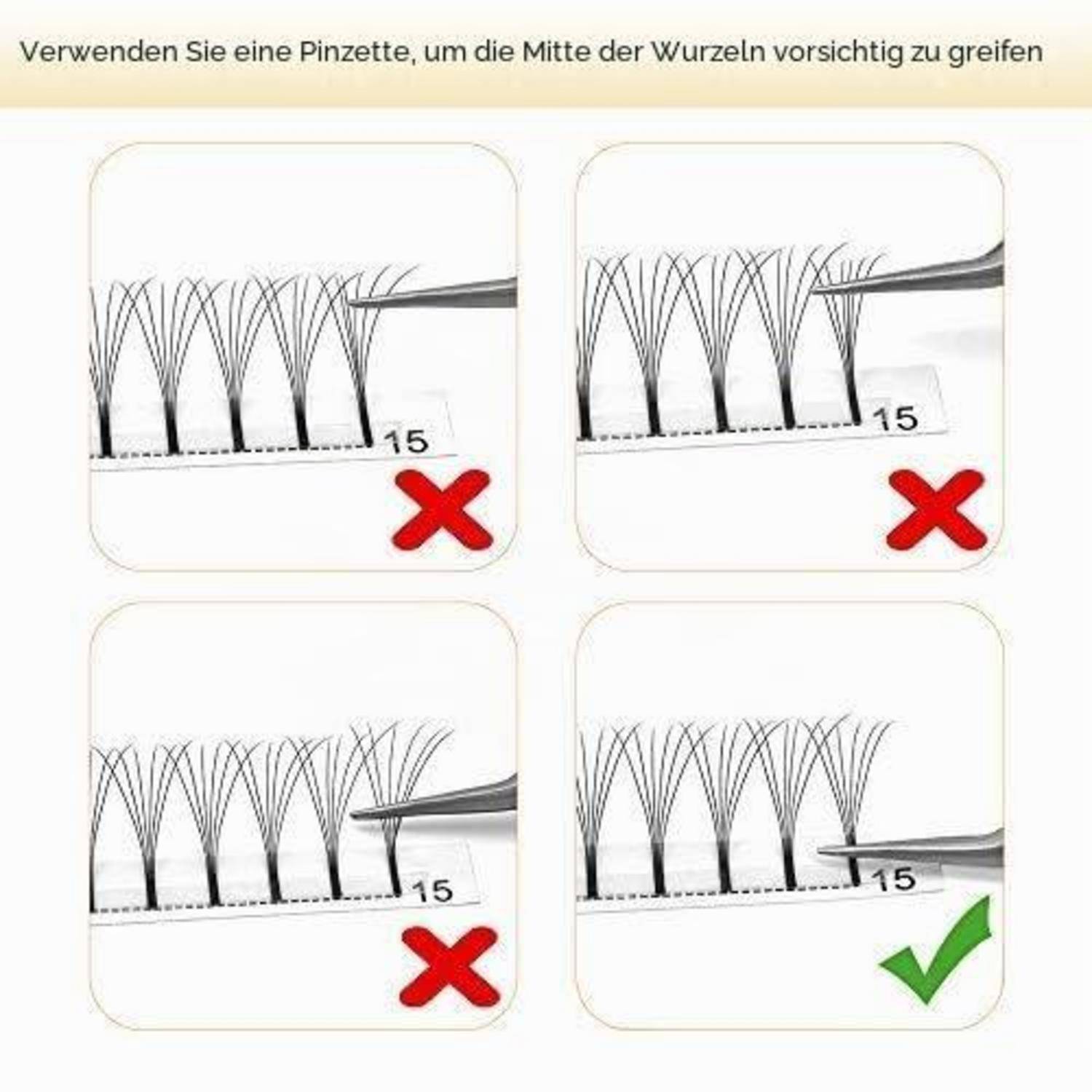 Anleitung-Grafik, die zeigt, wie man Pinzetten verwendet, um Haarwurzeln zu greifen: drei falsche Beispiele mit roten Kreuzen markiert und ein korrektes Beispiel mit einem grünen Häkchen markiert.