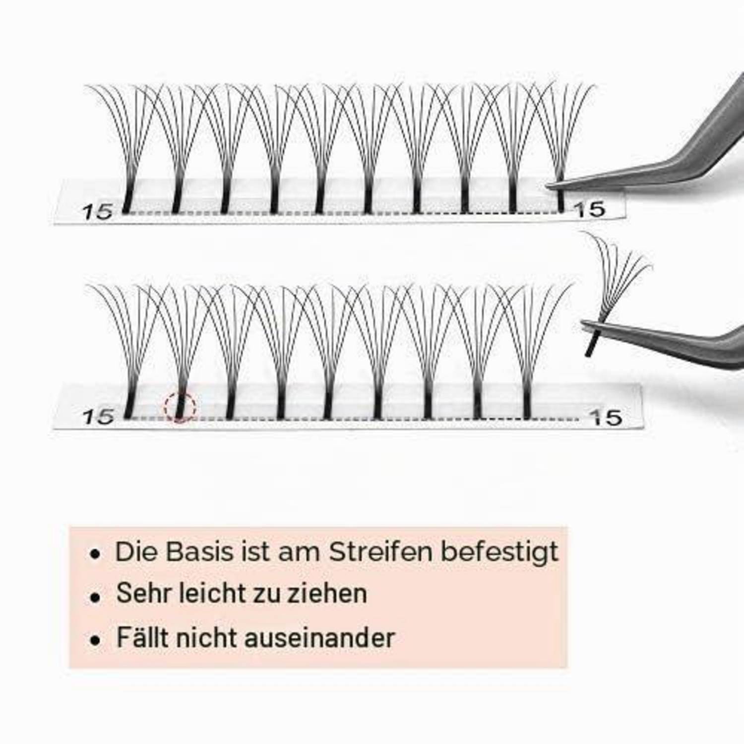 Kunstwimpernstreifen, gezeigt mit einer Pinzette, die Wimpernbündel anhebt; deutscher Text besagt, dass die Basis am Streifen befestigt ist, leicht zu entfernen ist und nicht auseinanderfällt.