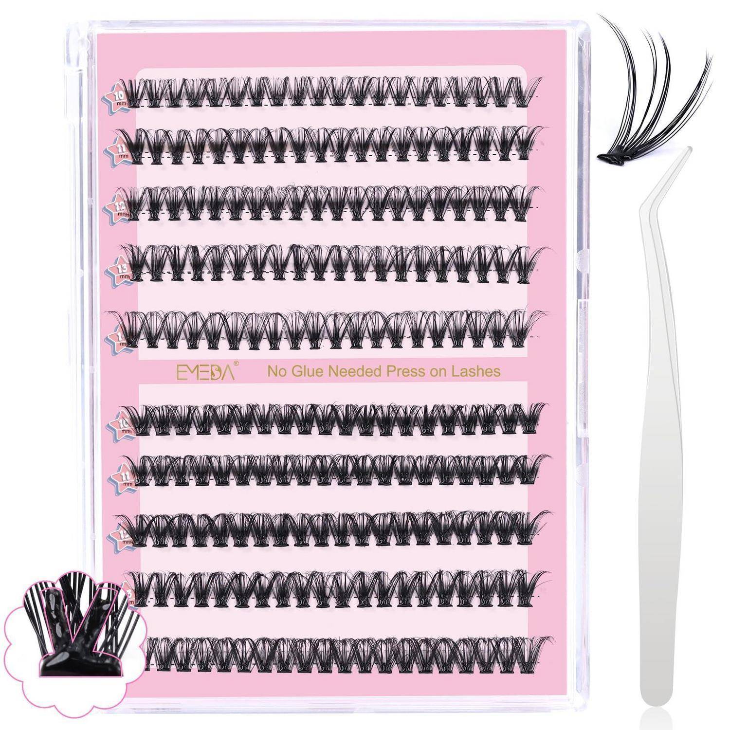 Packung mit künstlichen Wimpernverlängerungen in einem rosa Etui, mit Pinzette und einem lockeren Wimpernbüschel daneben gezeigt.