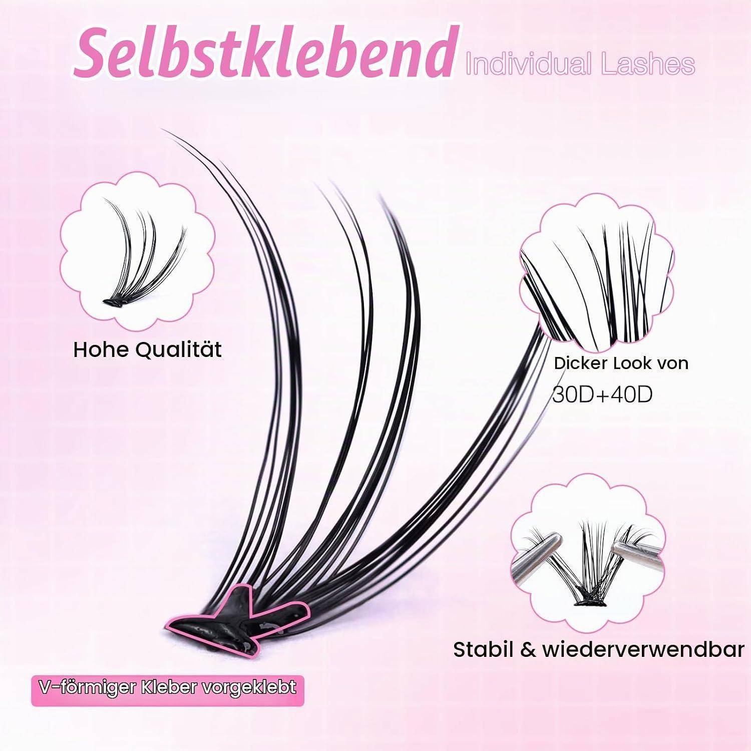 Rosafarbene Produktgrafik für selbstklebende individuelle Wimpern, die V-förmige vorgeklebte Wimpernbündel mit Etiketten für hohe Qualität, dickes 3D+40D-Aussehen und stabiles wiederverwendbares Design zeigt.
