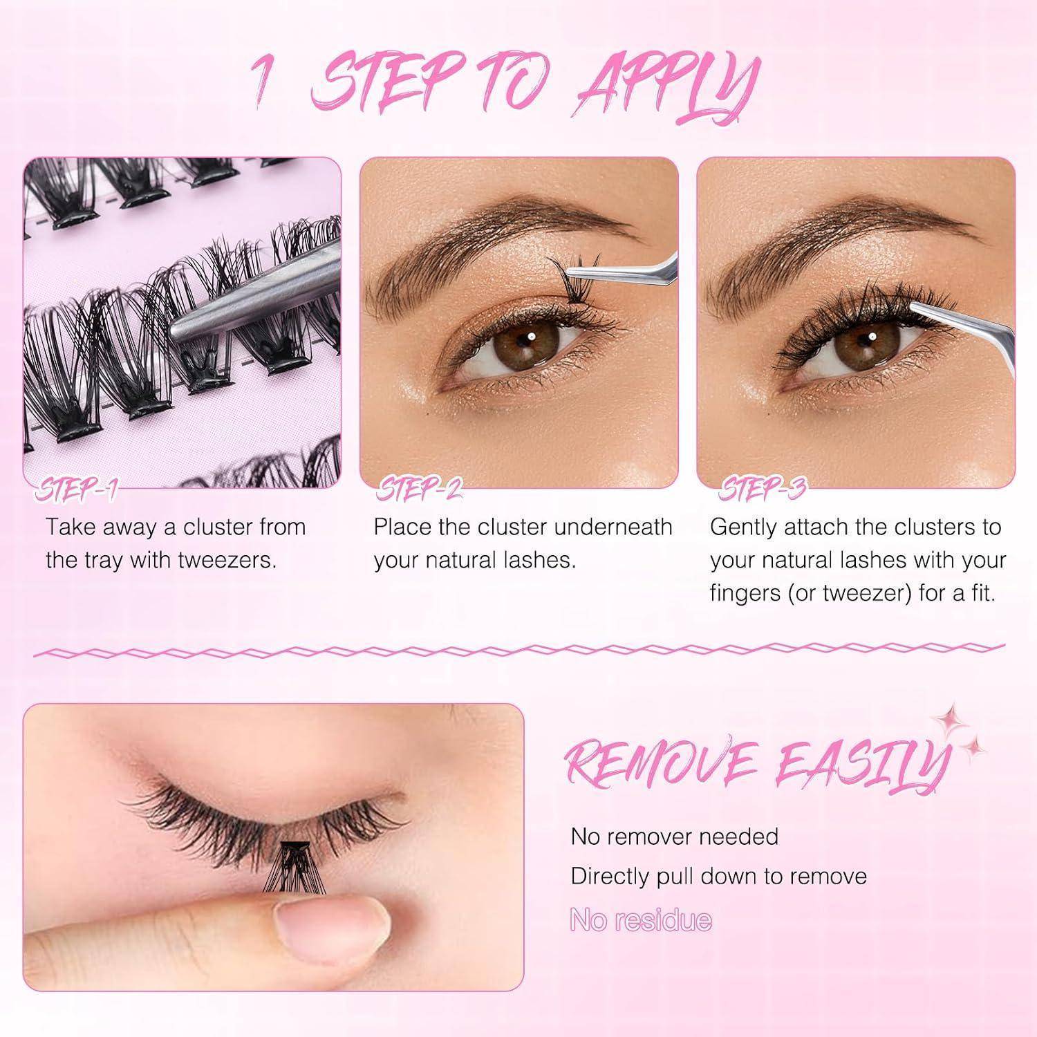 Infografik, die zeigt, wie man Cluster-Wimpern anbringt und entfernt: Nehmen Sie einen Cluster mit einer Pinzette auf, platzieren Sie ihn unter den natürlichen Wimpern, befestigen Sie ihn mit den Fingern oder einer Pinzette, ziehen Sie dann sanft nach unten, um ihn zu entfernen.