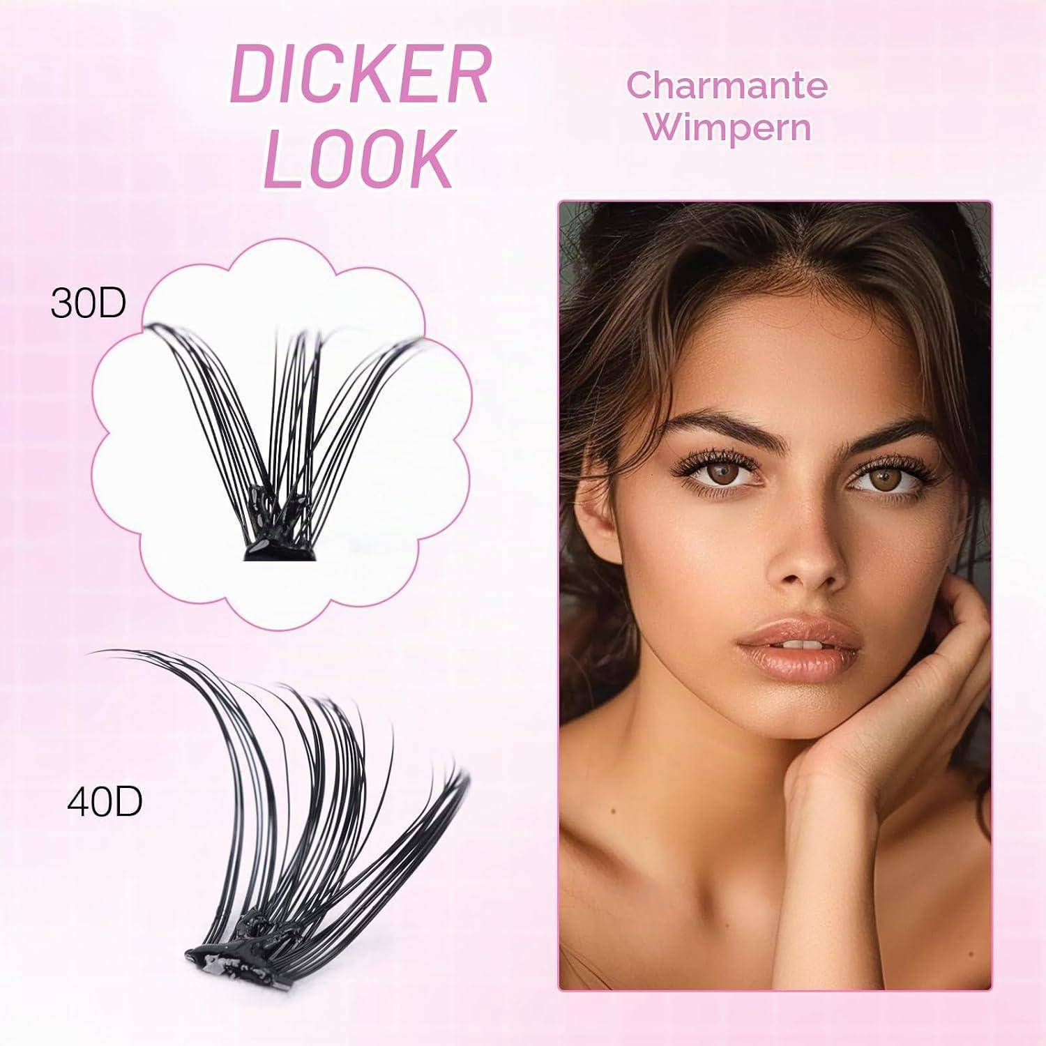 Kosmetik-Anzeige zum Vergleich von 30D und 40D künstlichen Wimpern, mit einer Nahaufnahme des Gesichts eines Models und dem Text „Dickerer Look
