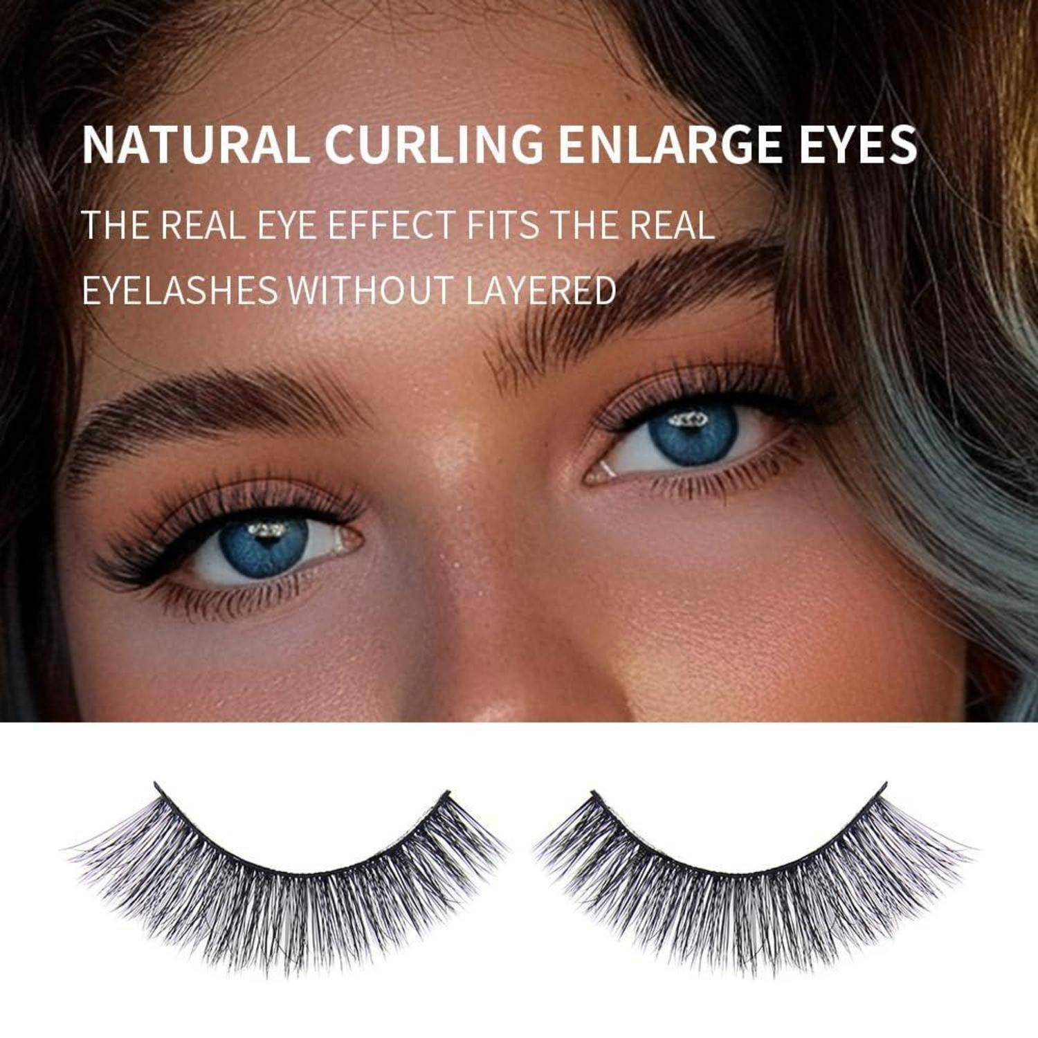 Die Anzeige zeigt blauäugige Augen mit langen künstlichen Wimpern und Text „NATÜRLICHES LOCKEN VERGRÖSSERT AUGEN