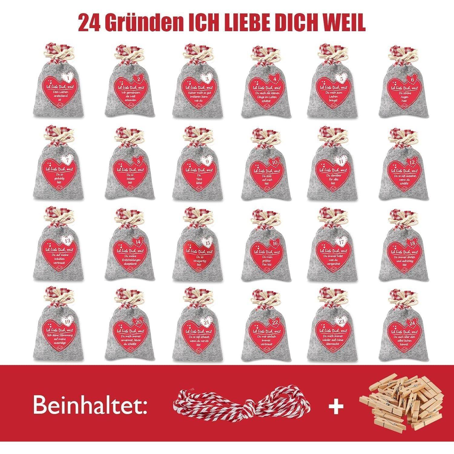 Adventskalender-Grafik mit dem Titel „24 Gründen ICH LIEBE DICH WEIL