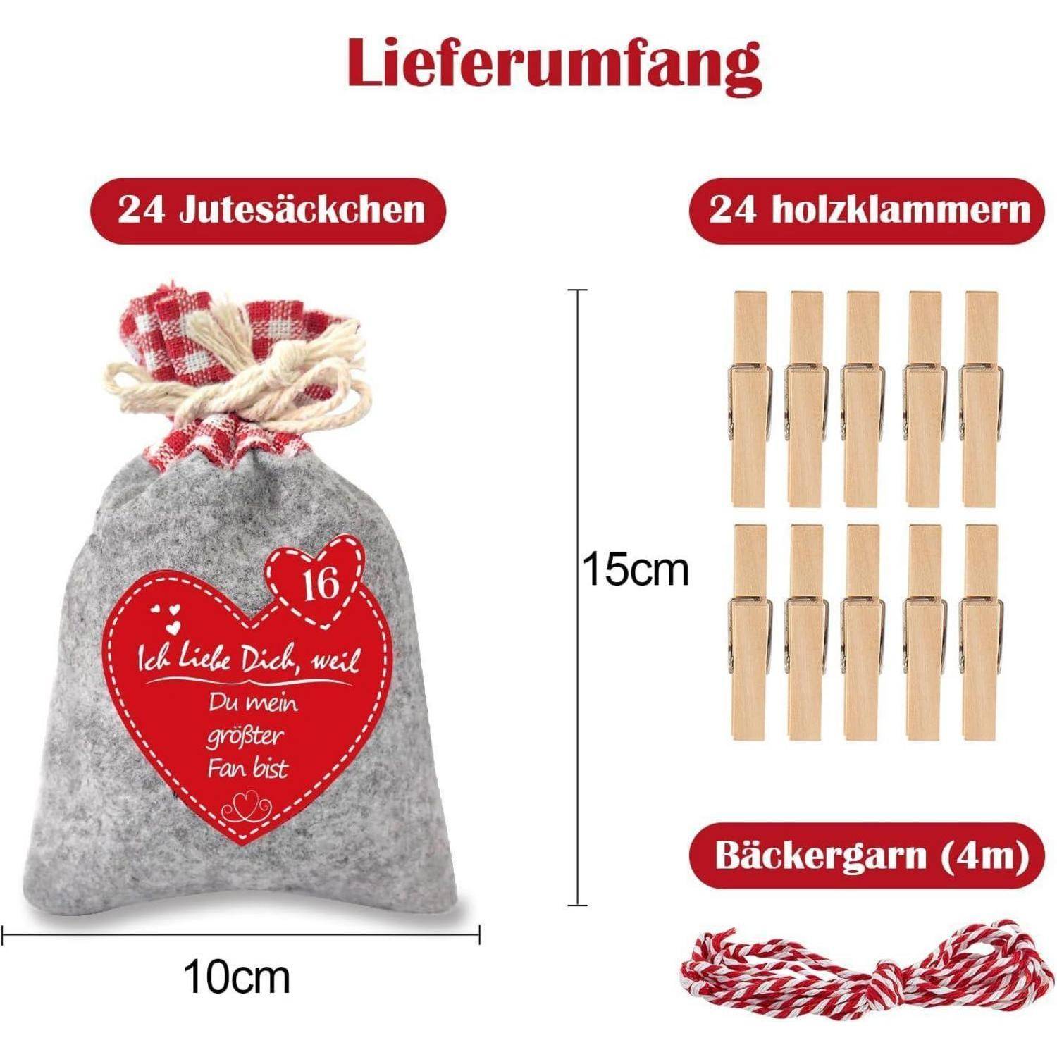 Produktinhalt: 24 graue Jutegeschenktüten mit roten Herzanhängern, 24 Holzwäscheklammern und 4 m rot-weiße Bäckergarn; Taschenabmessungen 10 cm x 15 cm.