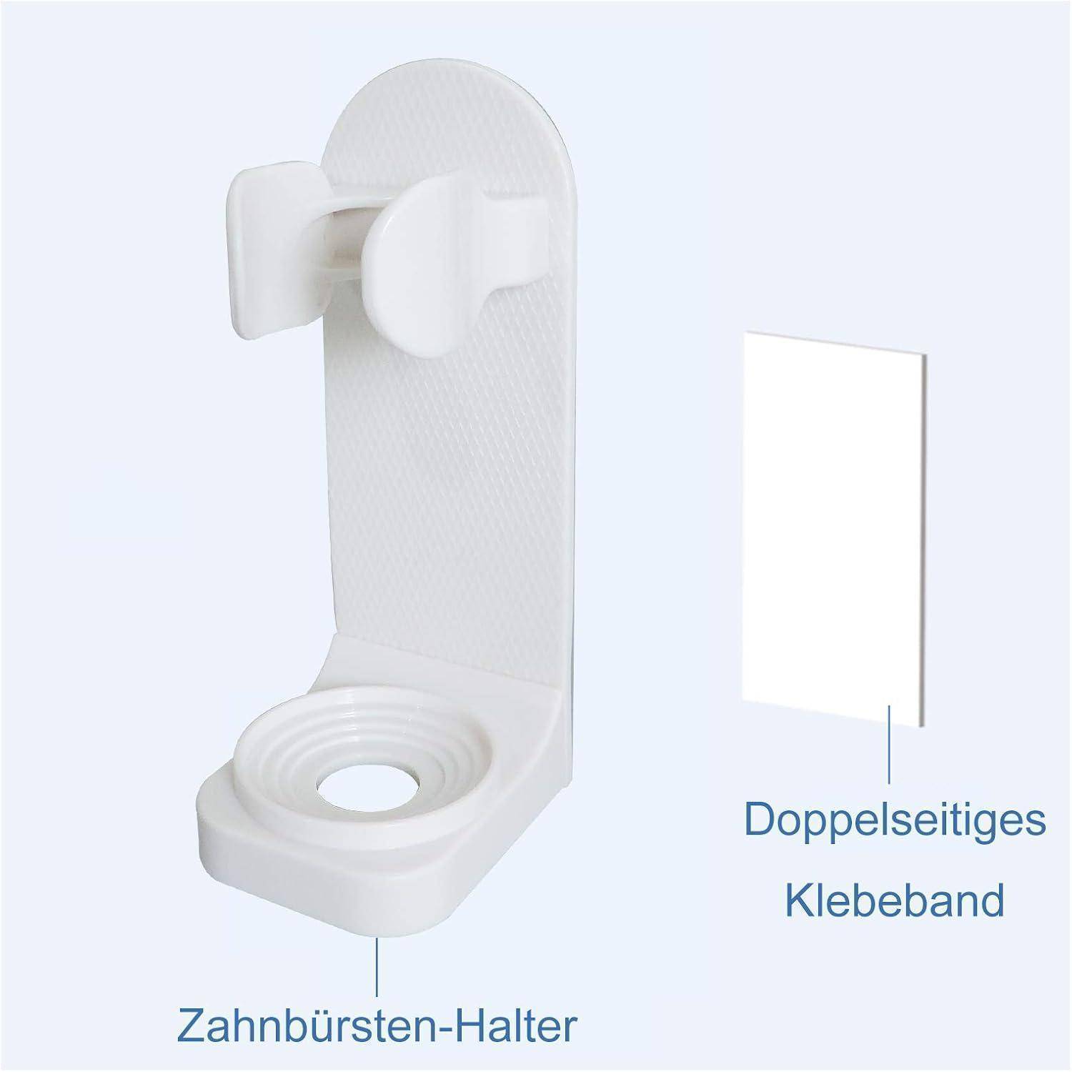 Weiße wandmontierte Zahnbürste mit einem separaten Streifen, der mit 'Doppelseitiges Klebeband' gekennzeichnet ist und auf beidseitig klebendes Klebeband hinweist.
