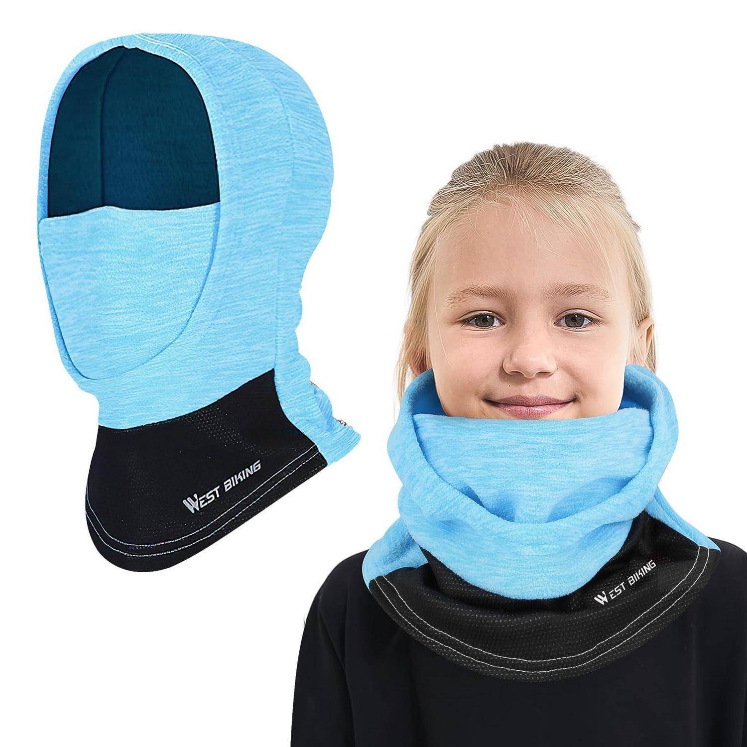 Blaue Winterschlauchhaube und Nackenerwärmer, gezeigt an einem Kind, demonstrieren vollständige Gesichts- und Nackenbedeckung zum Schutz vor kaltem Wetter.