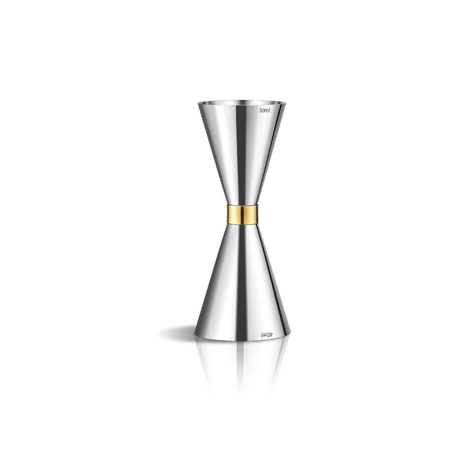 Ein doppelseitiger Jigger aus Edelstahl mit Messinhalten von 30 ml und 45 ml, mit einem Goldband in der Mitte, dargestellt auf weißem Hintergrund.