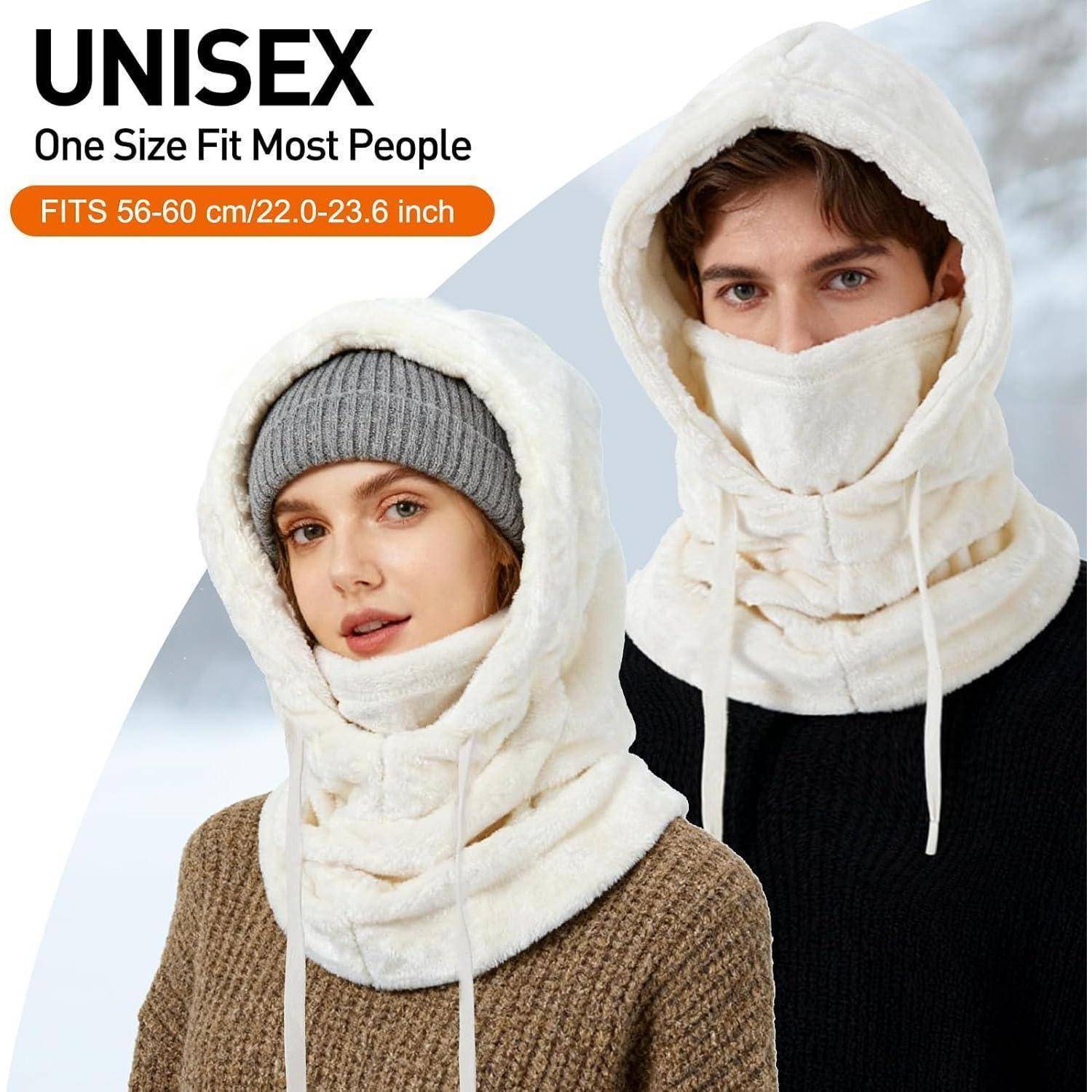 Produktbild eines unisex Winterschals mit Kapuze in Einheitsgröße, gezeigt an zwei Modellen, mit Text „PASST 56-60 cm/22,0-23,6 Zoll