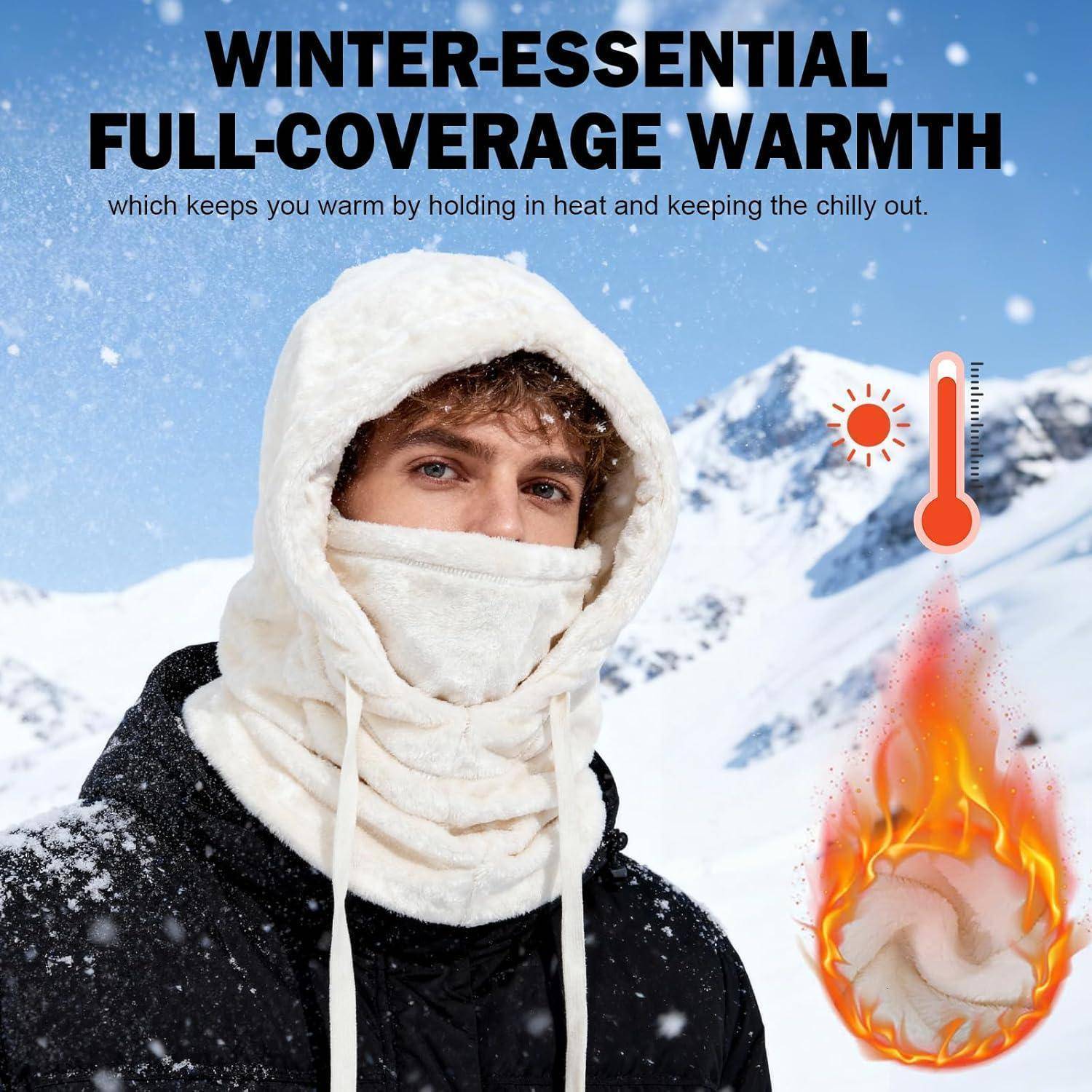 Winterkleidung-Anzeige mit einer Person in verschneiten Bergen, die in einer Kapuze und einem Gesichtstuch eingehüllt ist, mit dem Text „WINTER-ESSENTIALS VOLLSTÄNDIGE WÄRMEISOLATION