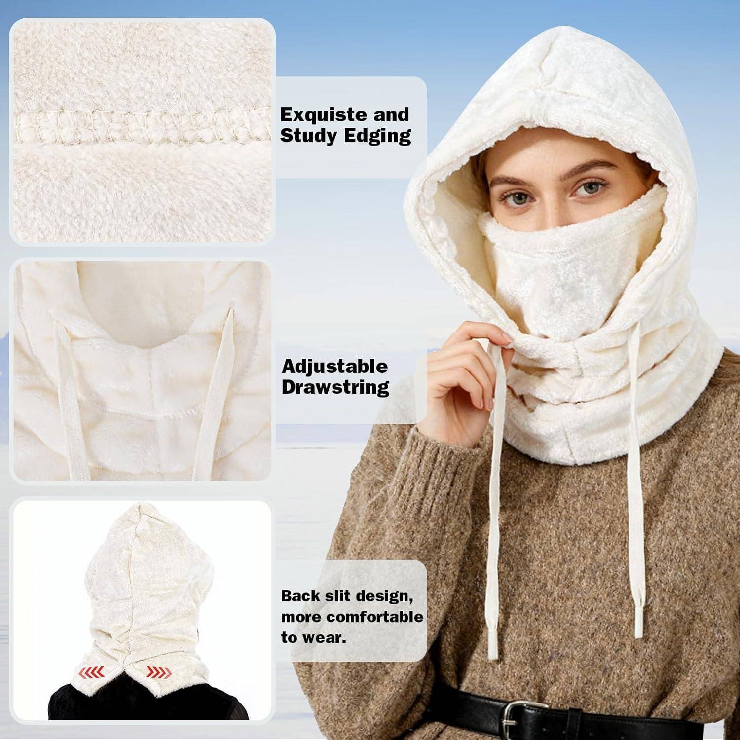 Modell trägt eine weiße Kapuzen-Schal-Maske mit Zugschnur und Rückenschlitz; eingefügte Nahaufnahmen zeigen die Kantenbearbeitung, die verstellbare Zugschnur und die Passform.