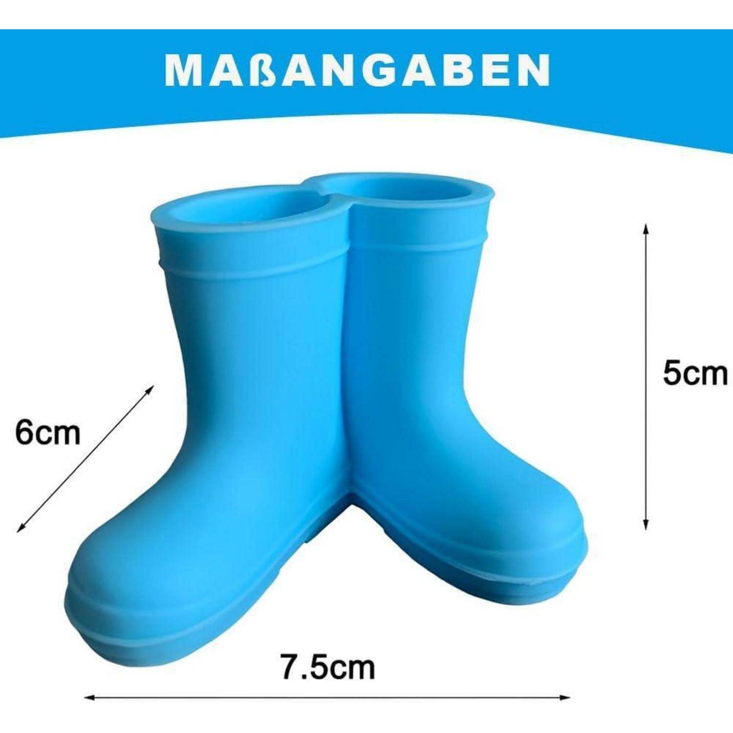 Blaue Kinder-Regenstiefel auf dem Produktbild, mit der Bezeichnung 'MABANGABEN', mit den Abmessungen 7,5 cm breit, 6 cm lang und 5 cm hoch.