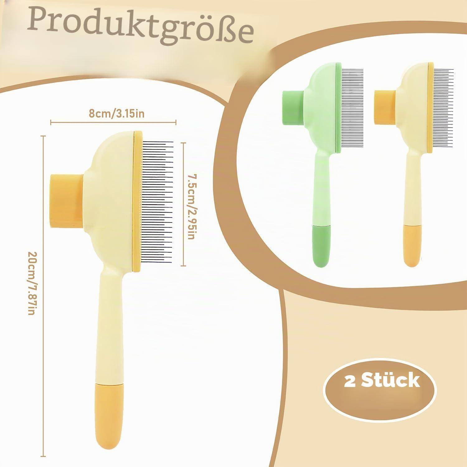 Größendiagramm eines Haustierpflegepinsels, das Abmessungen von 20 cm Höhe, 8 cm Breite, 7,5 cm Bürstenkopf zeigt, und zwei Farben mit der Bezeichnung '2 Stück' (2 Stück).
