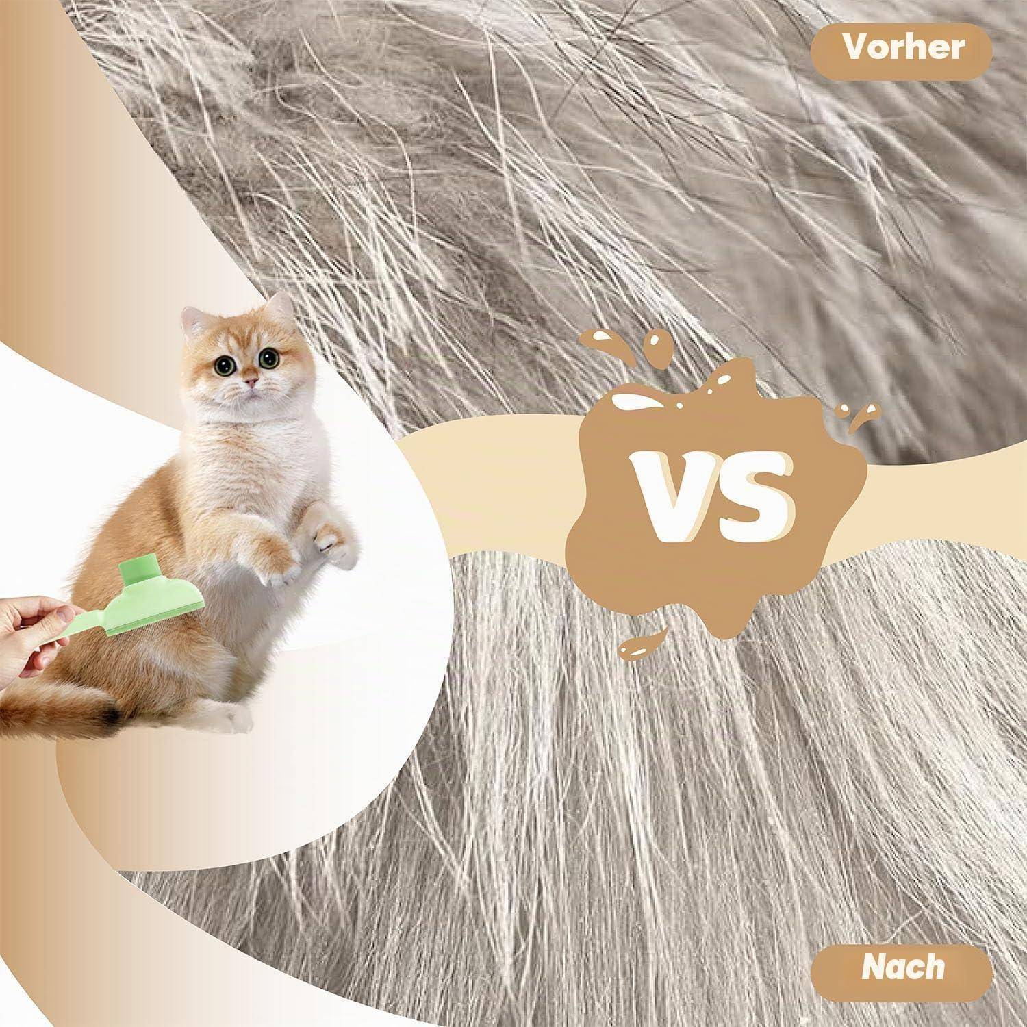 Vorher-und-Nachher-Vergleichsgrafik, die Katzenfell beim Bürsten zeigt, mit den Bezeichnungen 