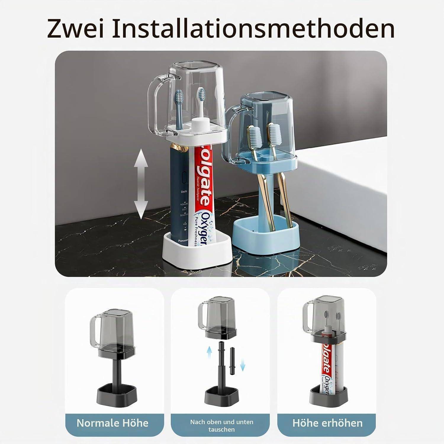 Grafik zeigt zwei Zahnbürstenhalter-Installationsmethoden, mit einem Hauptbild von verstellbaren Haltern und drei Schritten darunter mit den Bezeichnungen „Normale Höhe