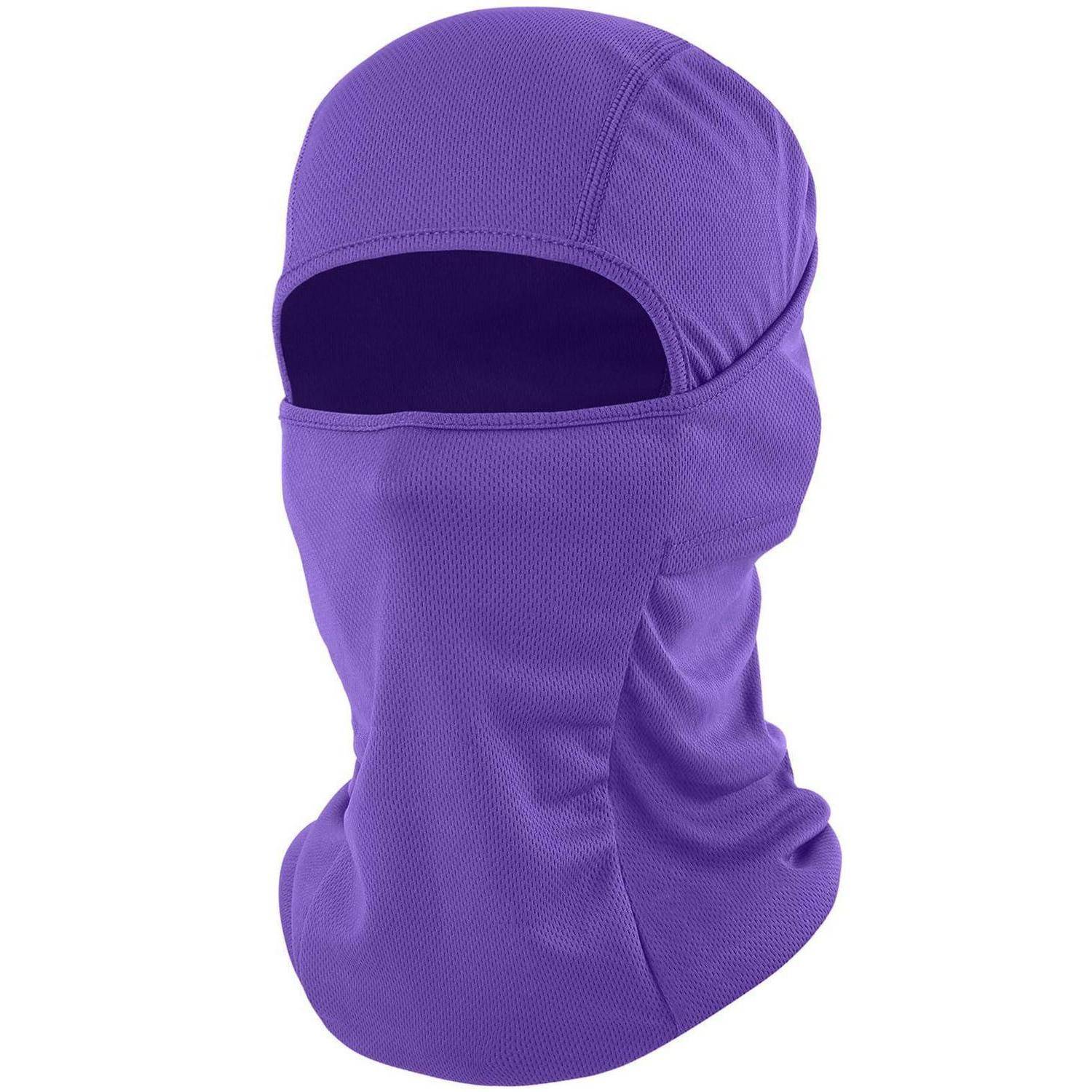 Lila Skimaske Balaclava mit Augenlöchern, die Kopf und Nacken auf weißem Hintergrund bedeckt.