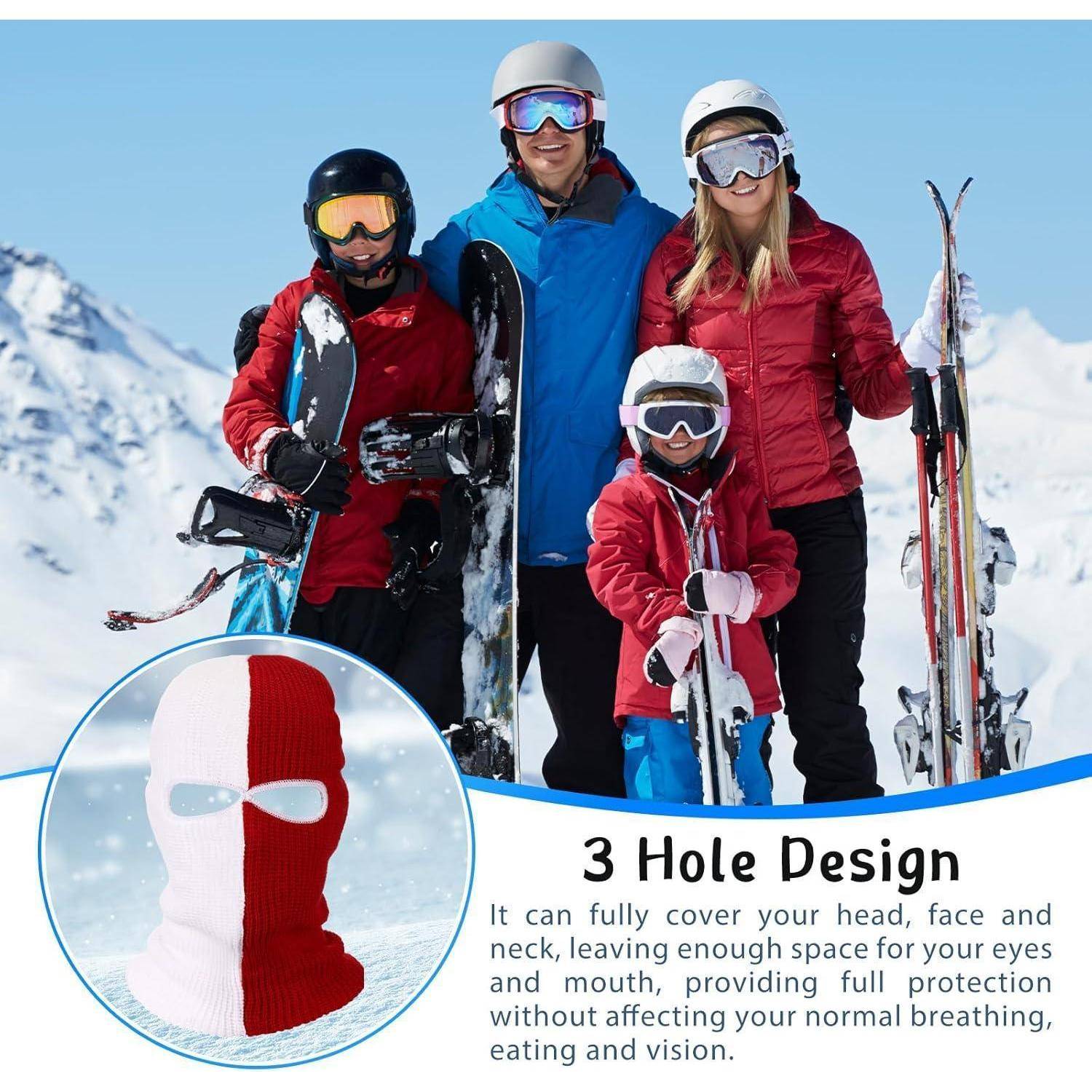 Familie von Skifahrern, die auf einem schneebedeckten Berg posieren; die Bildeinleitung zeigt eine rot-weiße 3-Loch-Skimaske mit Text, der vollständige Kopf-, Gesichts- und Nackenbereiche bewirbt.